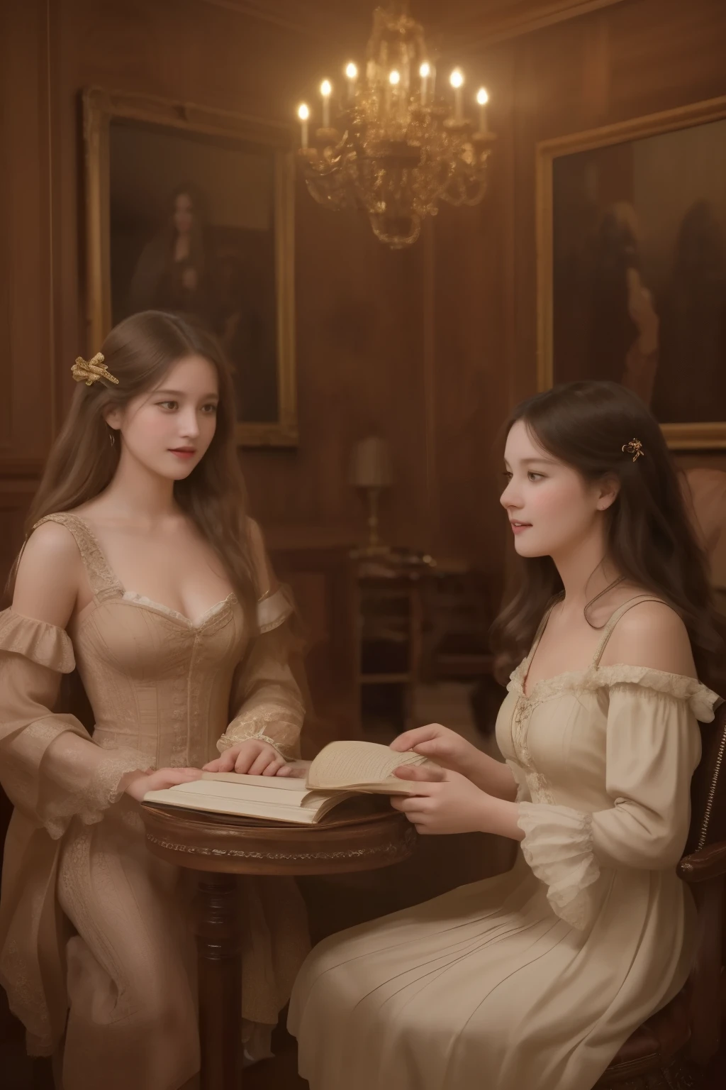 A warm, golden light illuminates a cozy parlour setting in the Victorian era. Three normal young girls, dressed in frilly, high-necked gowns and puffed sleeves, sit together on a plush armchair. The eldest, with curly brown locks, holds a worn leather-bound book, while her companions, sporting matching blonde ringlets, gaze up at her with admiration. The backdrop is a rich, dark wood paneling, adorned with ornate mirrors and intricately carved furniture. Soft, gentle shadows dance across the scene as the girls' laughter and whispers fill the air.