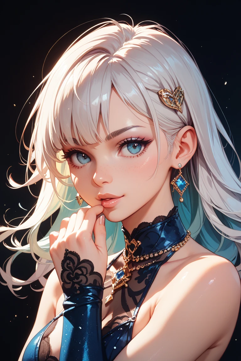 A beautiful young woman, 1girl, hourglass figure, seductive pose, wearing jujutsu kaisen strapless dress, silky blunt white hair, heavy silver jhumka earrings, necklace ,cleavage, detailed face with stunning eyes, full lips, flawless makeup, dark cinematic lighting, dramatic photorealistic effect, masterpiece-level 8K rendering, ultra-detailed, realistic, photo-realistic, HDR, UHD, studio lighting, ultra-fine painting, sharp focus, physically-based rendering, extreme detail description, professional, vivid colors, bokeh, face makeup ,full body view