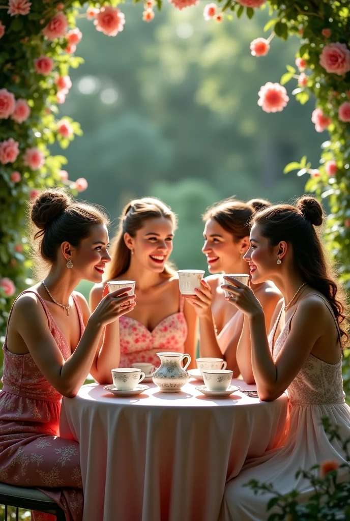 Naked girls around a table having tea in a Florida garden 