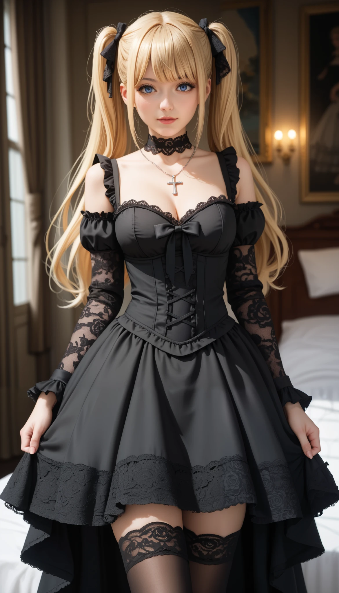 amane misa, 1girl, blonde hair, blue eyes, bangs, long hair, two side up, straight hair,twintails,gothic,ta fashion, black dress, black choker, black detached sleeves, cross necklace, black thighhighs, black lace-up boots, sexy, mature, sexy pose, (masterpiece,best quality, high resolution,ultra detailed), 