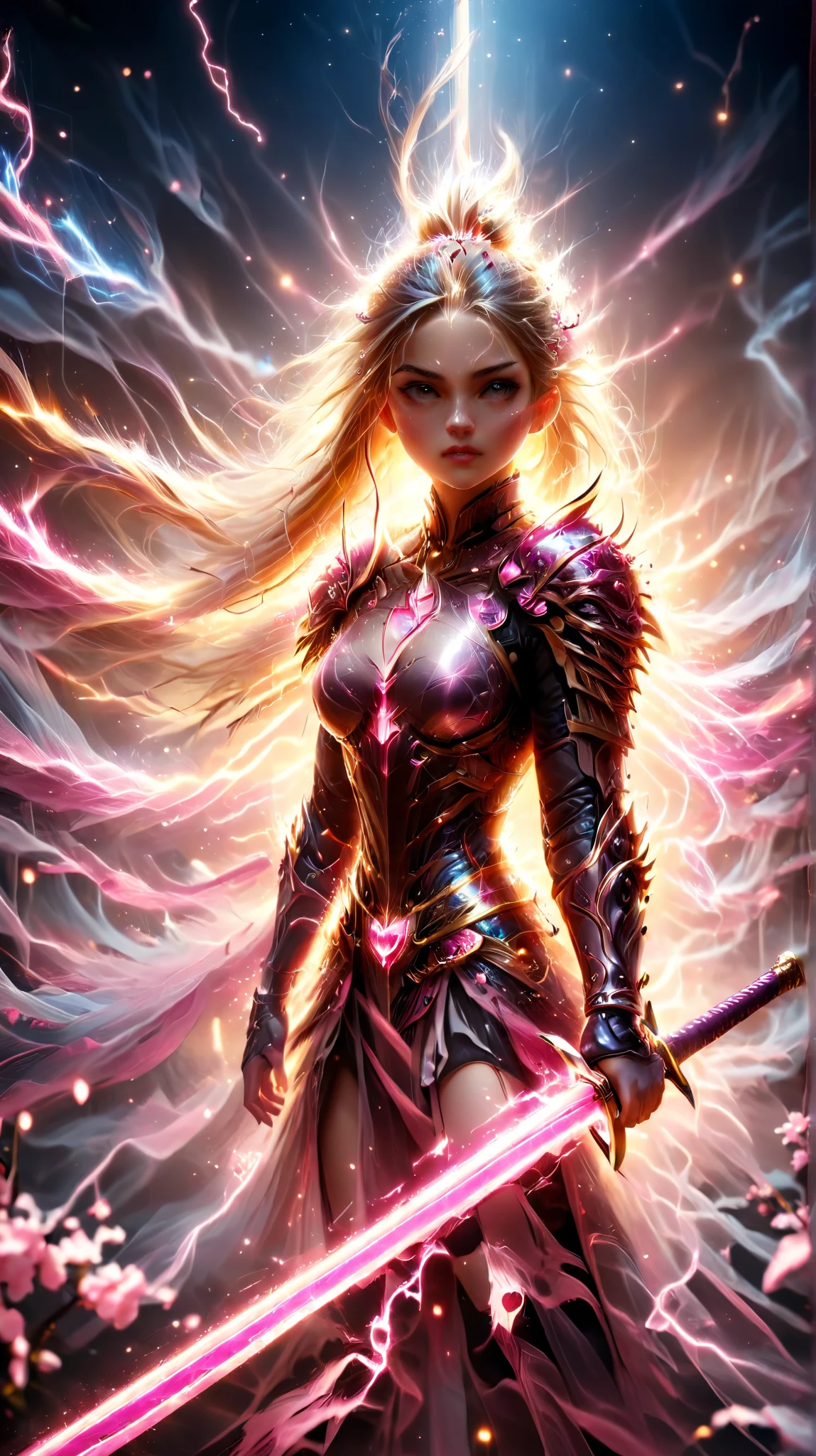 great quality, masterpiece, best quality, Super Detail, Super Detail, super high resolution, perfect anatomy, blurry background, Outdoors,( cherry blossoms:0.6), fog, Studio Lighting, bright foreground , faces viewers,
(pink hybrid white ) armor, woman, holding, ralelektryst sword, ponytail, Shine, Shine, is dazzling,
HKStyle,
very detailed,