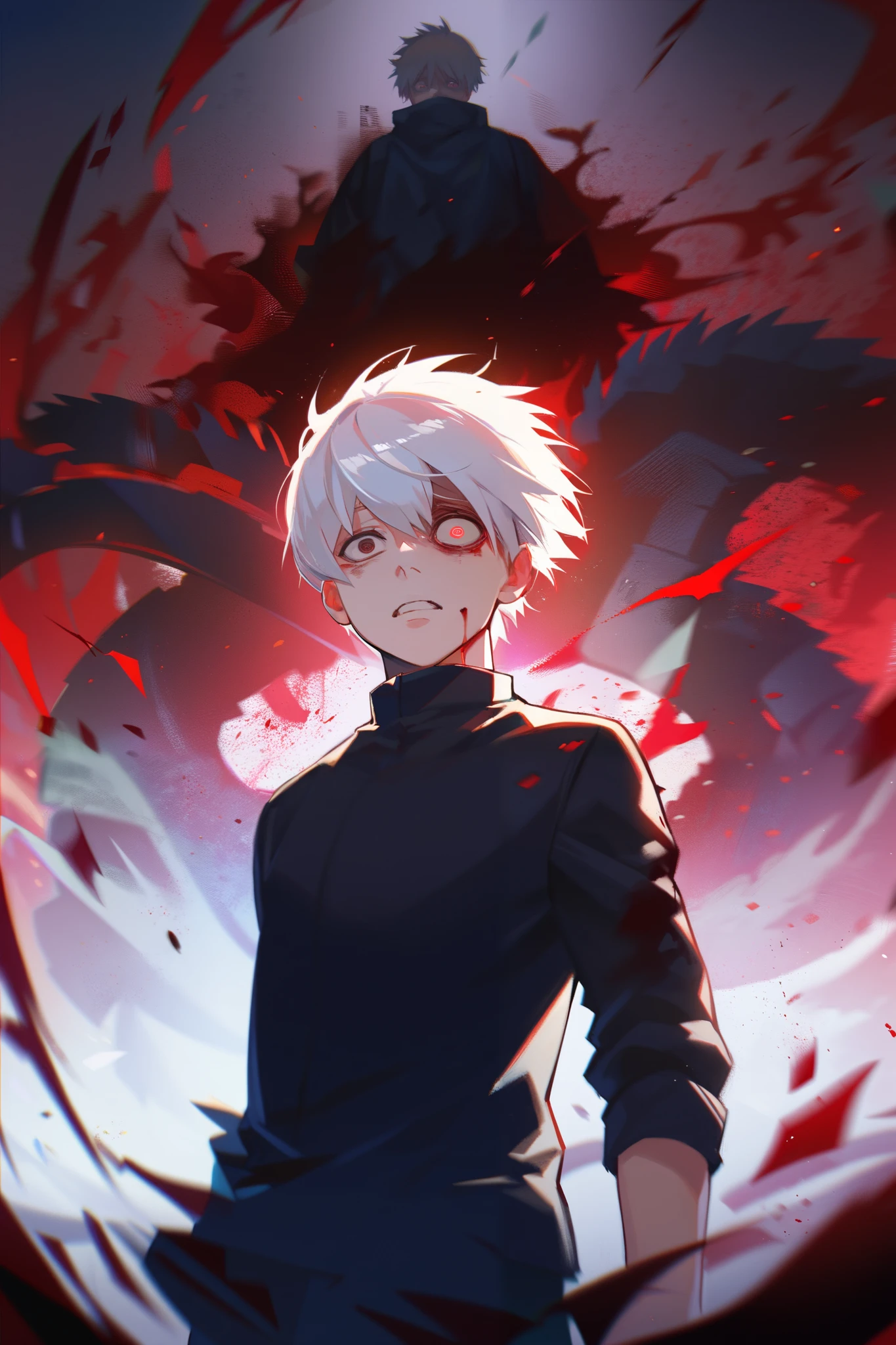 (absurdres, highres, ultra detailed),(Masterpiece, best quality:1.2),Anime boy with white hair and red eyes staring at the camera, glowing red eyes,slim, wearing a black outfit,shadow body,dark, monochrome, wallpaper,