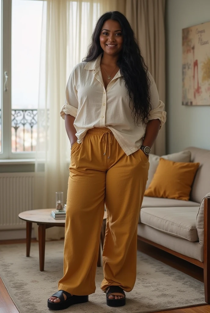 Office scene, A radiant, full-figured South Indian 35 year old aunty a orange colour chiffon skirt and cream colour chiffon shirt, captured in a full-body image with vibrant hues and meticulous details. Full body image