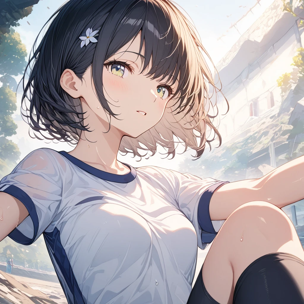 1 girl, solo, White Polo Shirt,  White mini skirt, masterpiece, best quality, Super detailed, (Sweating:1.4), absurd, looking at the audience, short black hair, brown eyes,(Thick thighs:1.0),Sky,Tree,Awa Onsen,bath,bikini,rain,white，Charming smile，Underboob exposed，Flower headdress，Waving，love letter，Blushed，Squat down，Fold your hands on your knees