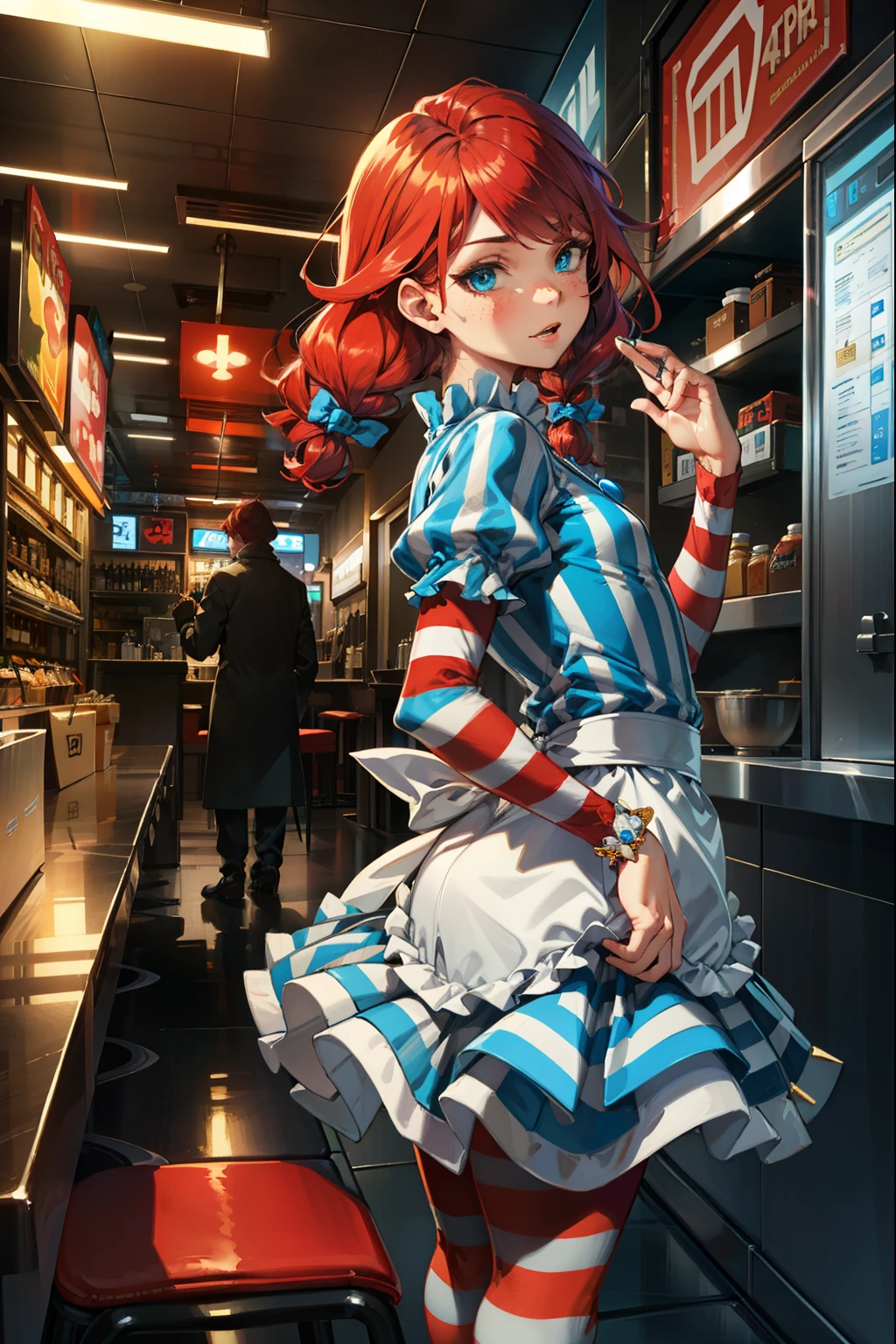 (extremely detailed CG unity 4k wallpaper),(best illustration),(best shadow),(absurdres), Fast food interior background)zzwendy, red hair, blue eyes, apron, brooch, hair bow, sidelocks, striped, petite figure, hips cocked, arms crossed, Small bust size, Sideshot,