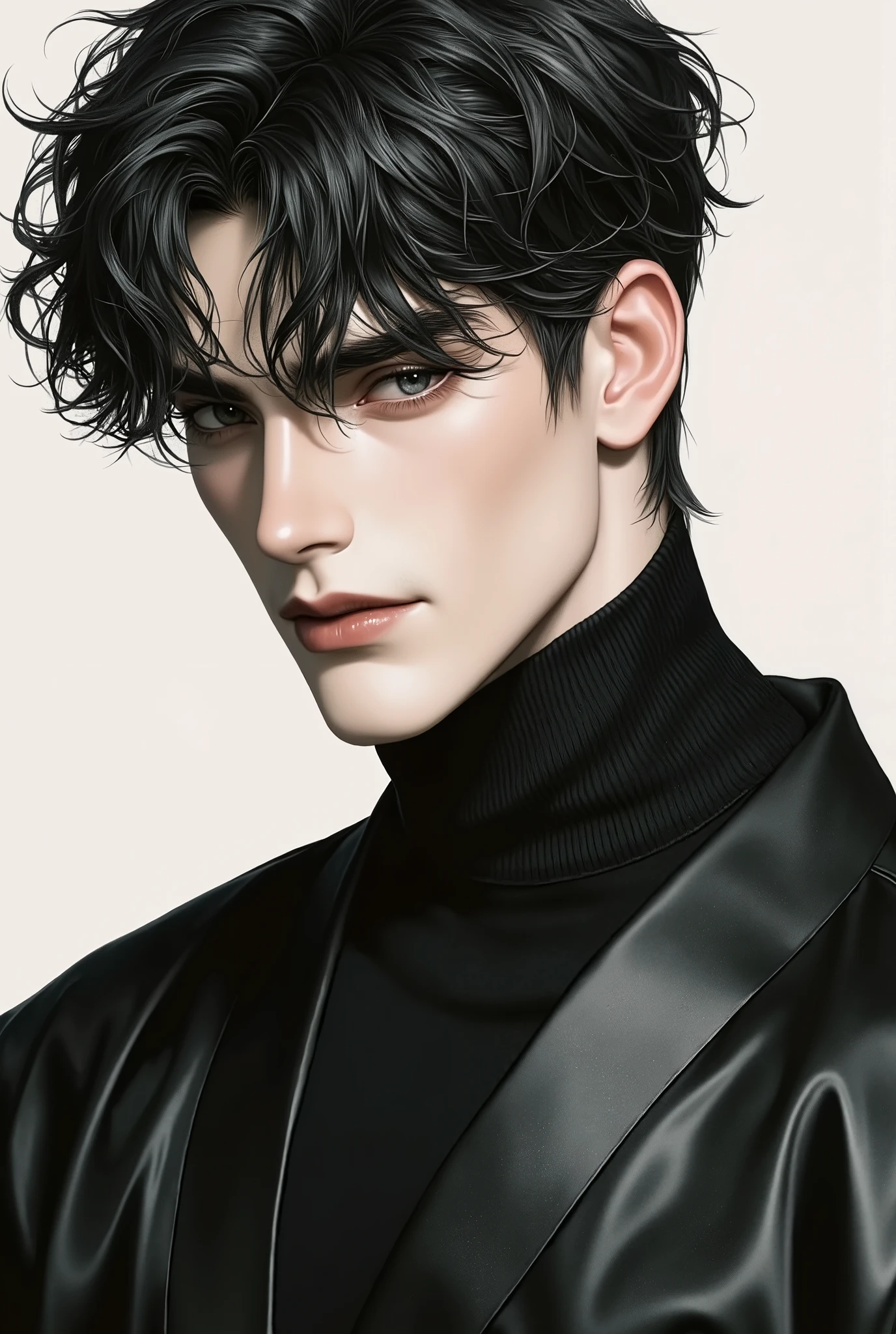 impasto, short hair, masterpiece, best quality, 1 man , bangs, perfect face , black eye , handsome male , Alone, pale skin , adult male , upper body , delicate line drawing,Extremely detailed , a faint smile, black turtleneck, kimono,deep shadow, skinny hunk