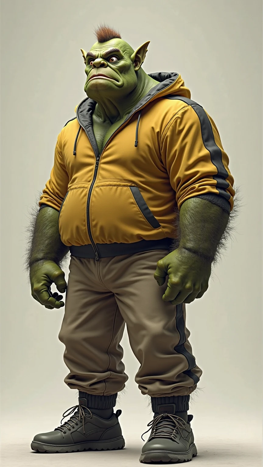 a humanlike Shrek character,detailed 3d model,high quality cinematic lighting,70s 80s grunge cinematic style,realistic skin textures,imperfections,warts,ogre like features,green skin,big ears,expressive eyes,dynamic pose,intricate costume design,leather jacket,blue jeans,photo-realistic,8k,award winning CGI