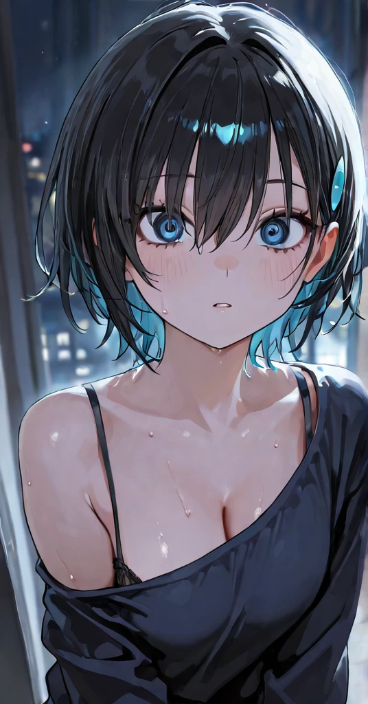 One 14-year-old girl, ((Light black clothing))、(Inner color hairstyle), Beautiful Hair, Facial Contour, Remember, Hotel, moonlight、splash, Lens flare,, Natural Color, High resolution, Very delicate, Very detailed, 8k,（There is swelling of the breasts、About B cup）、Shyness,((Sexual))