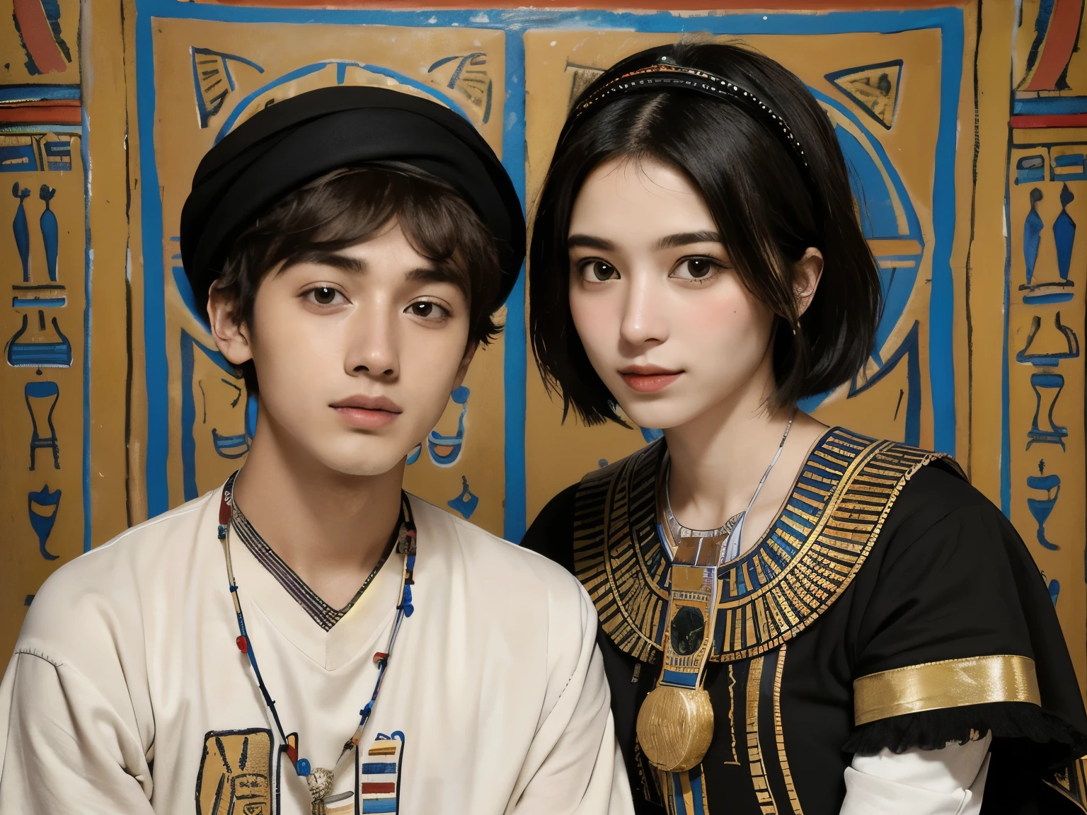 365 (20 year old woman and 20 year old man),(short hair), (high quality photos), (gentle smile), (colorful ancient egyptian costumes), (Rembrandt painting),(Hieroglyphs、Ancient Egyptian)