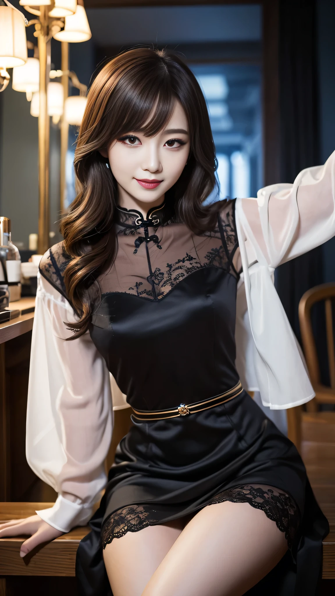 best quality、ultra-detailed、4k、Japanese、Seductive beauty、seductive adult woman、Pretty Woman、cool girl、Villainess、Brown hair、wavy hair、swept bangs、Lace fabric、black party dress、Wide sleeves、flare skirt、night、inside darkroom、Are standing、shoot from below、Make up、Hold a small makeup brush、Swear allegiance、I have pledged my allegiance、Seduce、female cadres、Female Combatant