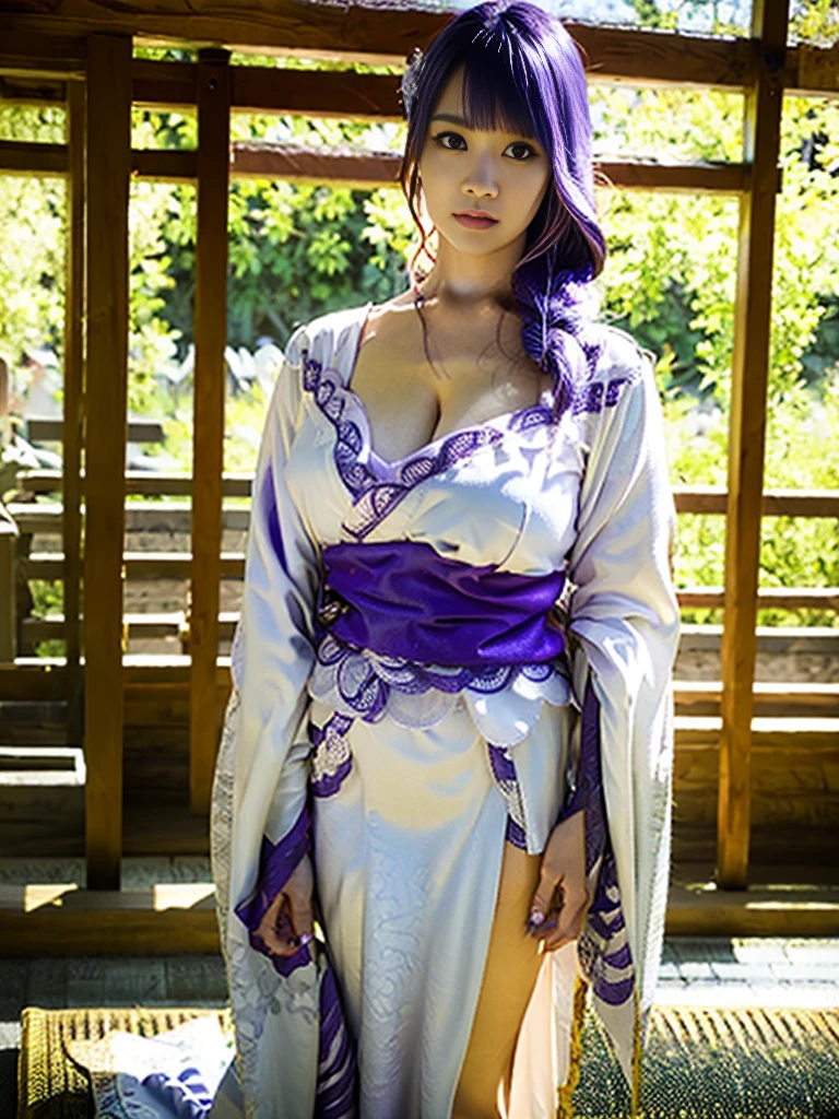 Shiny light purple hair,white skin,purple needle eye,Kimono,big breasts,Carrying a samurai sword in the hatch,