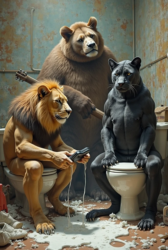 sweat drops, photography, detailed fur, fullbody hair, ultra realism shading, anthro cat head, brown, photorealistic, nude, huge pecs, biceps, in a shower, white belly, dick cumming cum line, sexy pose camera,((full body camera)), trio group,