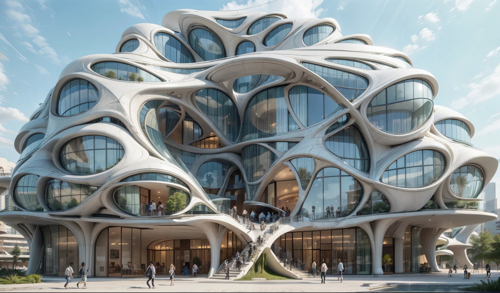 blue sky, Amazing Building by zaha hadid, tower high in blue sky, by syd mead, there is park on the ground ,trees. people walking, lawn, clear blue sky, realistic, walkways, people, neat, photorealistic