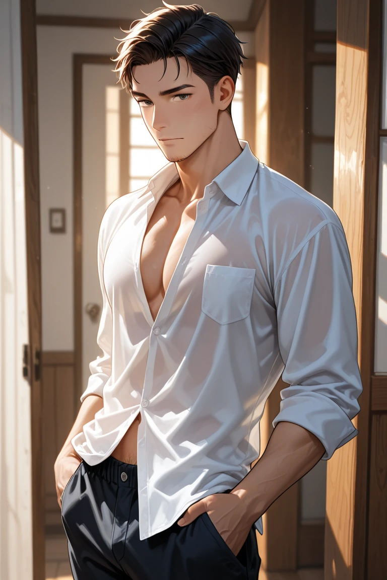 (masterpiece, best quality), intricate details, thin, ((slim)), handsome male supermodel, ultra short messy light brown hair, clear blue eyes, captivating perfect smile, sensual, hot man, insanely handsome,