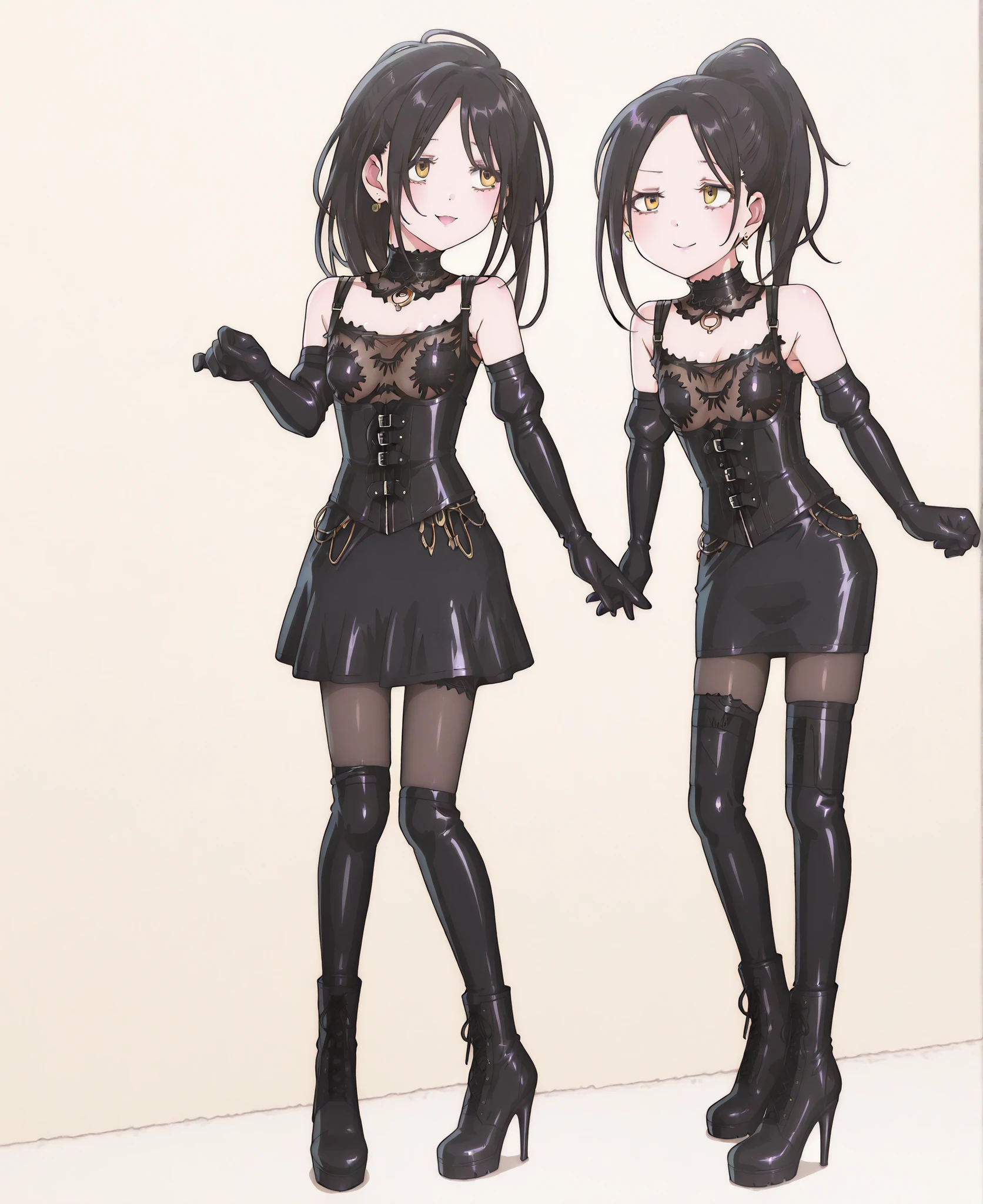 small bust、delicate、 slim figure、standing、full body、erect nipples、ahegao、covered testicles、bulge、Sheet Cutting 、 coral in the role of a girl、red leather collars are handed to viewers:1.8、Bondage、 queen、spouse、(((One Girl)))、(((Alone:1.8)))、(((black latex elbow gloves:1.4)))、(((black latex corset dress:1.4)))、(((crotch corset dresses are adorned with beautiful lace)))、(((Corset Dress with Shoulder Straps)))、(((Black Latex Tight Mini Skirt:1.4)))、(((black thigh-length boots with open shoulders:1.4)))、(((black rubber tights:1.2)))、((( Slender heeled boots that kick men:1.4)))、((( stiletto boots:1.4)))、(((black latex high leg panties)))、((( black latex bra)))、(((Black leather collar)))、wide thigh opening:1.2、 Highlighted beautiful eyes、beautiful skin、 Two Anatomically Perfect Arms 、Two anatomically perfect legs、( perfect 4 fingers and 1 thumb )、最高masterpiece、masterpiece、high image quality、High resolution 8k、detailed face、detailed eyes、 straight long black hair、ponytail、 with golden eyes 、earrings 、 smug 、:1.4