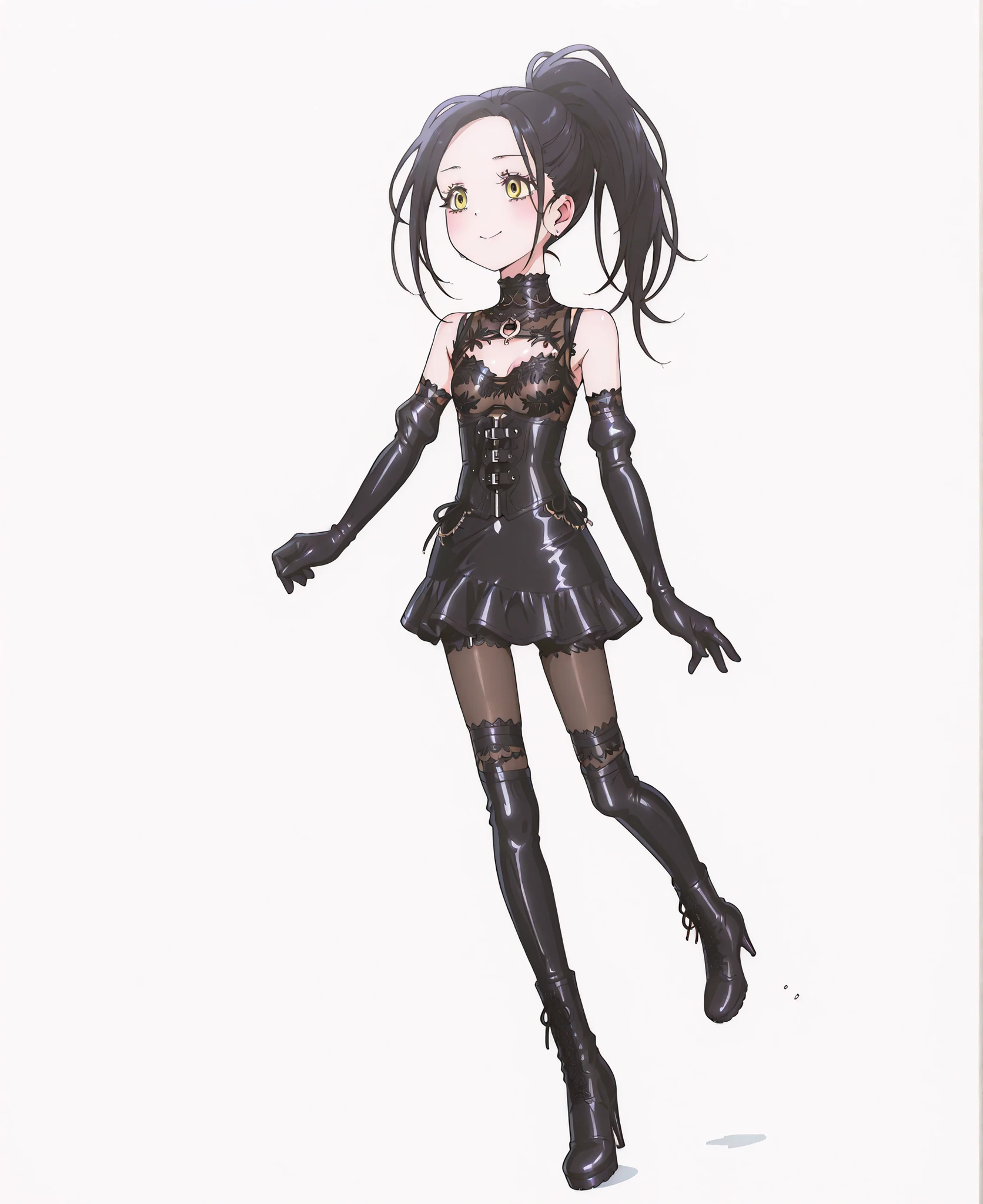 small bust、delicate、 slim figure、standing、full body、erect nipples、Sheet Cutting 、 coral in the role of a girl、red leather collars are handed to viewers:1.8、Bondage、 queen、spouse、(((One Girl)))、(((Alone:1.8)))、(((black latex elbow gloves:1.4)))、(((black latex corset dress:1.4)))、(((crotch corset dresses are adorned with beautiful lace)))、(((Corset Dress with Shoulder Straps)))、(((Black Latex Tight Mini Skirt:1.4)))、(((black thigh-length boots with open shoulders:1.4)))、(((black rubber tights:1.2)))、((( Slender heeled boots that kick men:1.4)))、((( stiletto boots:1.4)))、(((black latex high leg panties)))、((( black latex bra)))、(((Black leather collar)))、wide thigh opening:1.2、 Highlighted beautiful eyes、beautiful skin、 Two Anatomically Perfect Arms 、Two anatomically perfect legs、( perfect 4 fingers and 1 thumb )、最高masterpiece、masterpiece、high image quality、High resolution 8k、detailed face、detailed eyes、 straight long black hair、ponytail、 with golden eyes 、earrings 、 smug 、:1.4