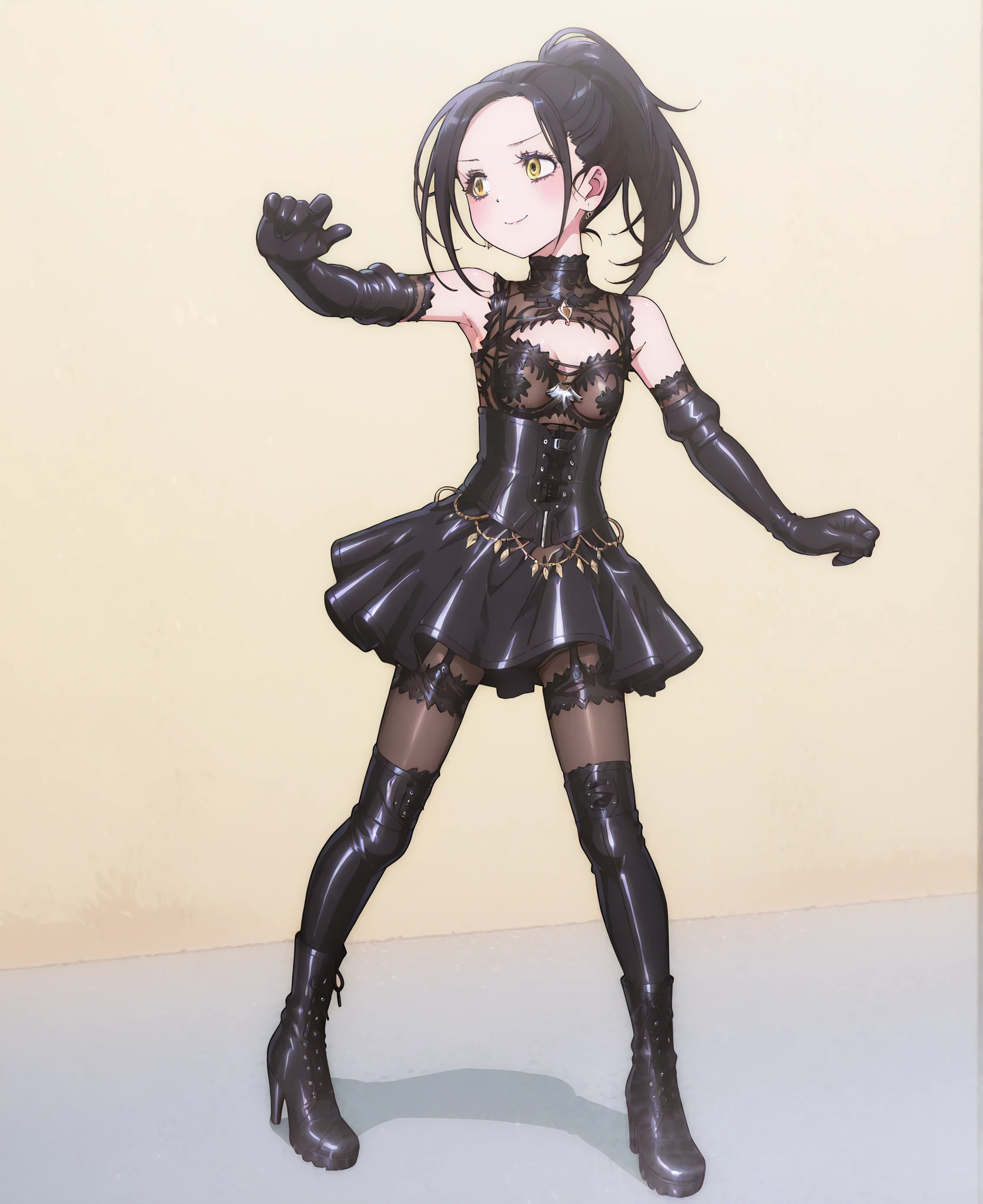 small bust、delicate、 slim figure、standing、full body、erect nipples、Sheet Cutting 、 coral in the role of a girl、red leather collars are handed to viewers:1.8、Bondage、 queen、spouse、(((One Girl)))、(((Alone:1.8)))、(((black latex elbow gloves:1.4)))、(((black latex corset dress:1.4)))、(((crotch corset dresses are adorned with beautiful lace)))、(((Corset Dress with Shoulder Straps)))、(((Black Latex Tight Mini Skirt:1.4)))、(((black thigh-length boots with open shoulders:1.4)))、(((black rubber tights:1.2)))、((( Slender heeled boots that kick men:1.4)))、((( stiletto boots:1.4)))、(((black latex high leg panties)))、((( black latex bra)))、(((Black leather collar)))、wide thigh opening:1.2、 Highlighted beautiful eyes、beautiful skin、  Two Anatomically Perfect Arms  、Two anatomically perfect legs、(  perfect 4 fingers and 1 thumb  )、最高masterpiece、masterpiece、high image quality、High resolution 8k、detailed face、detailed eyes、 straight long black hair、ponytail、 with golden eyes 、earrings 、 smug 、:1.4