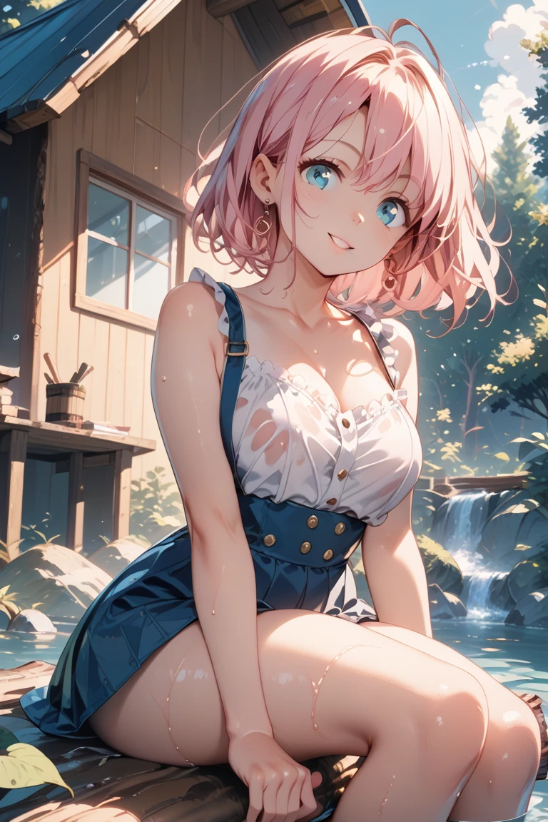 1girl, solo, summer, village, trees, sun, clouds, ((colorful hair)), curly hair, ponytail, large full breasts, button down shirt, ((white shirt)), opened shirt, ((short sleeved shirt)), ((unbuttoned shirt)), unbuttoning buttons, cleavage 1:3, pink bra, belly, blue eyes, shorts, grin, looking at the viewer, standing, hair ribbon