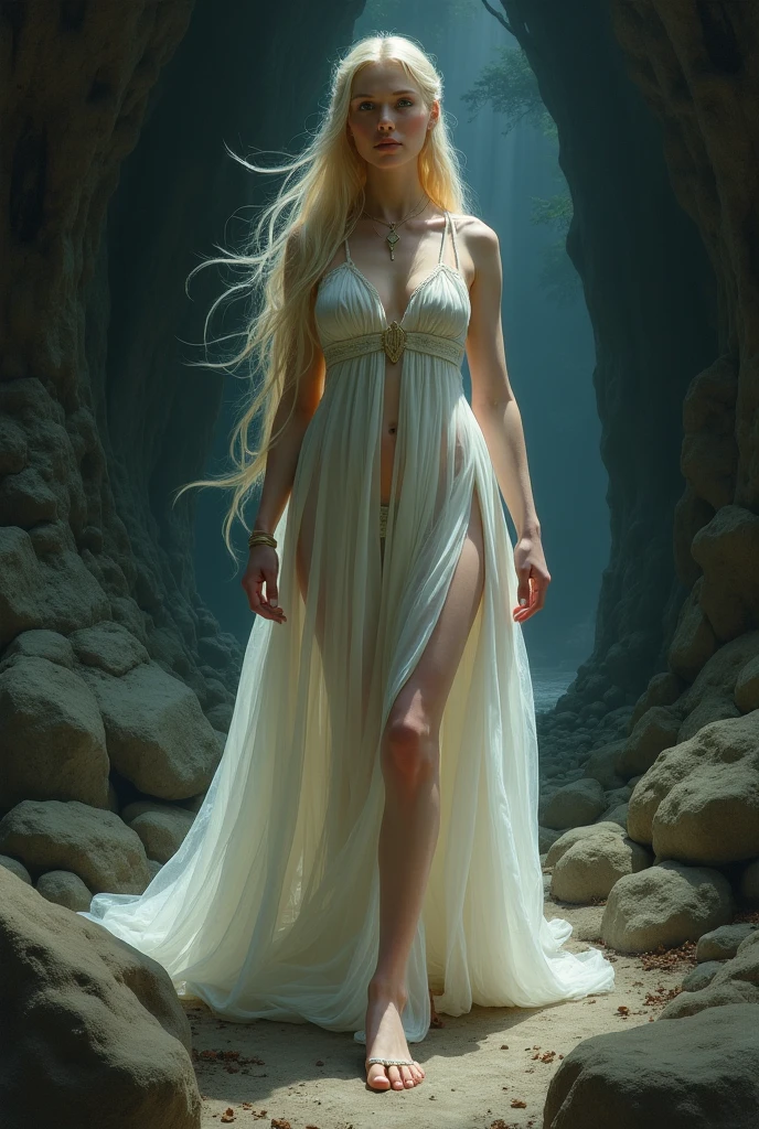 a young woman, 25 years old, full body, white, perfect body, blonde, long hair flowing in the wind, large breasts (Breasts: XL), beautiful, Greek style dress in transparent blue silk, with a sculptural body and balanced measurements, eroticism , on sea foam, emerging from a shell in the sea. She personifies the ideal of feminine beauty and is capable of seducing both gods and mortals with her beauty. include shells. Pointillism style, Salvador Dali style
