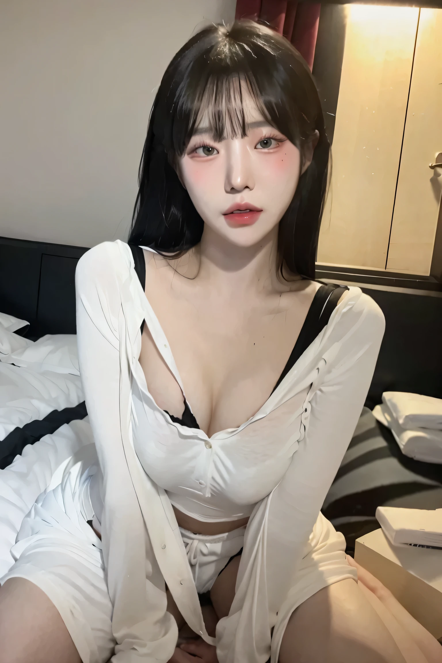 26 year old woman with dark hair and black eyes on the bed sitting a little big with pale skin and in underwear with the face of Jennie from blackpink Asian Idol