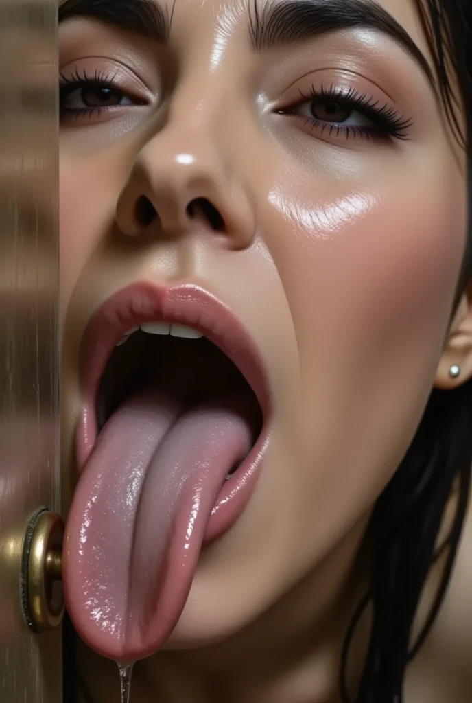 Man making a woman swallow his entire penis that is spurting semen