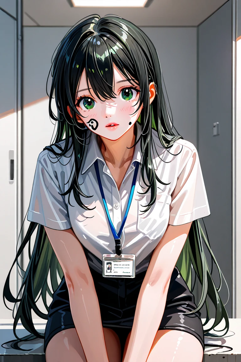Female secretary, black hair, green eyes, Pimple of a black wart on the face