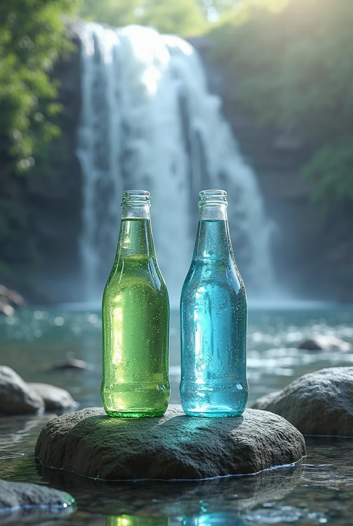 one Green and one blue glass 
water bottle by waterfall on a rock with wording wholesome water on waterfall
