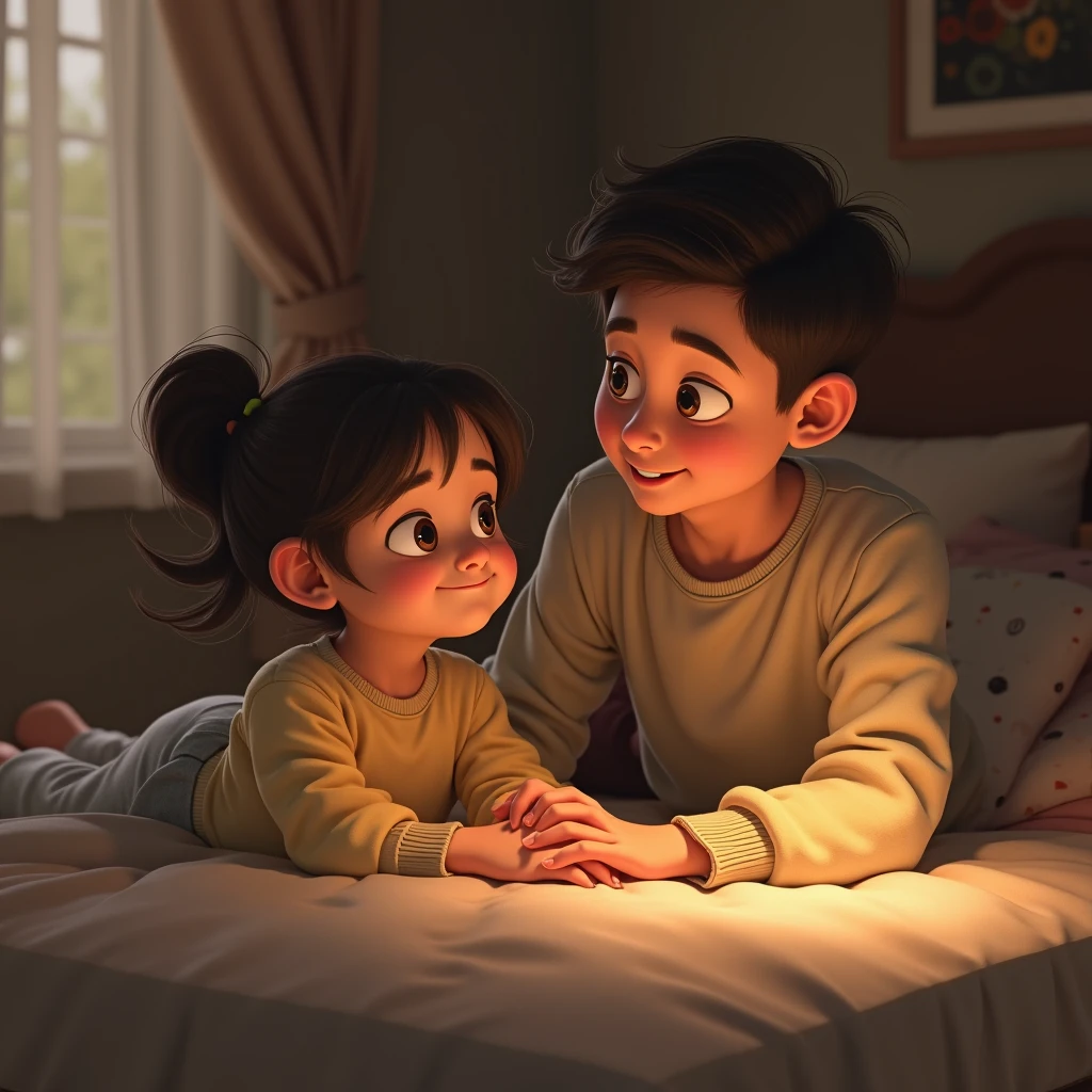 ??? sit on the bed and dad sit beside the bed