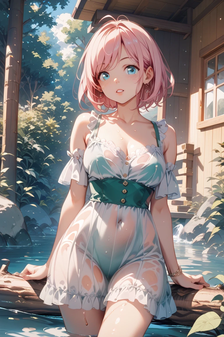 4k高清,1girll, 独奏, She wears pink lace lingerie,Exposing thighs,Sit on grass,The chest is large,Perfect hands,Only underwear panties,Body sweating