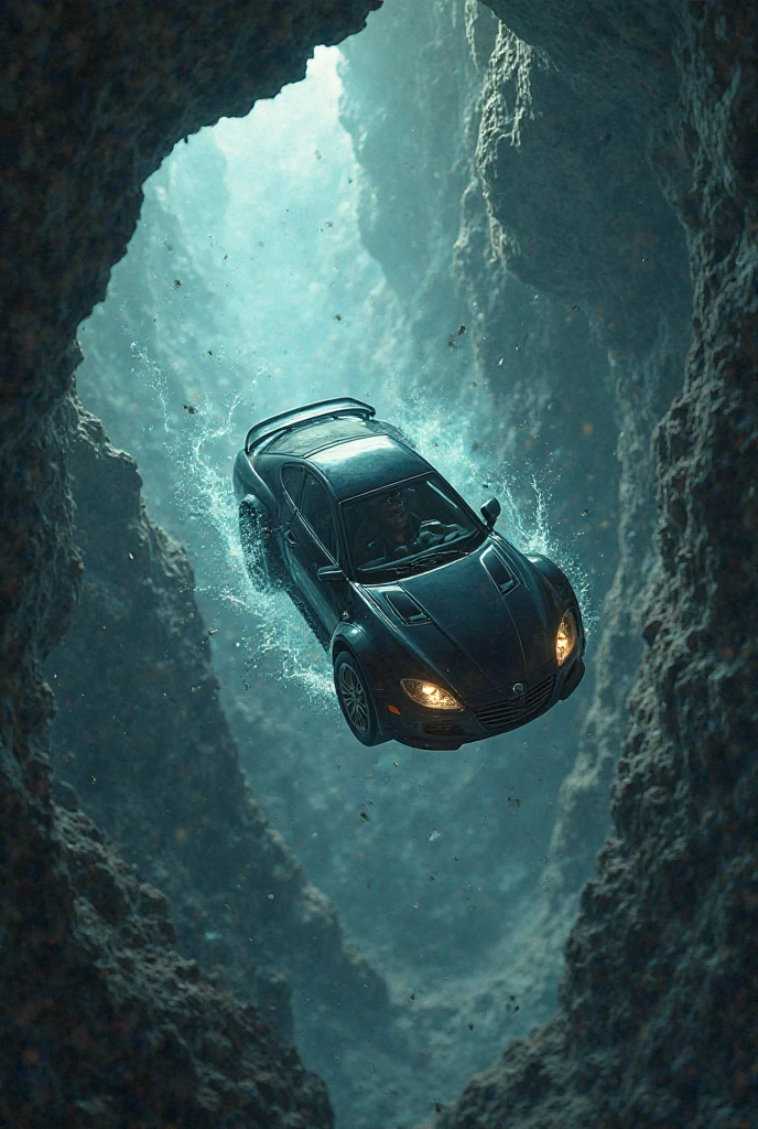A car red waterfall in night man is spider