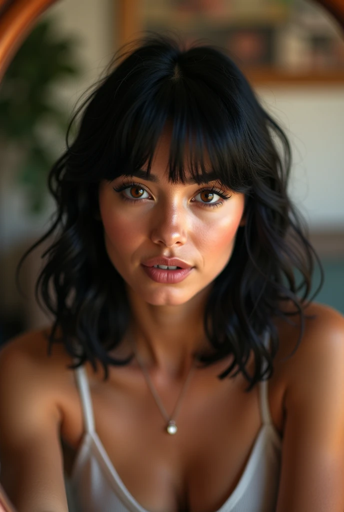 A beautiful and sexy black curly hair white woman with bangs in formal wear sitting in a selfie photo