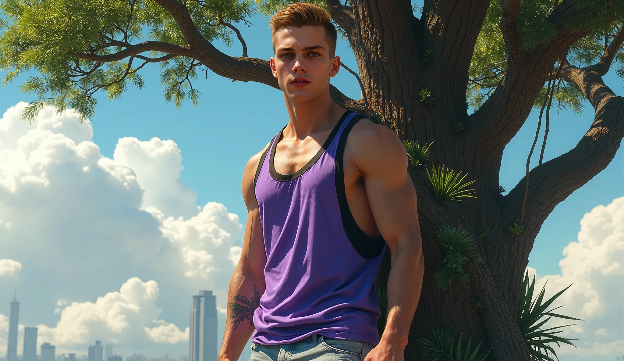Solo Swoll, super buff and cool 18-year-old boy bodybuilder, embodying the perfect fusion of Joey Lawrence and Cody Calafiore with long hair, pecs swelling with arrogance, exuding masculinity and confidence, Enhanced with HDR technology, this image depicts a true masterpiece, flawlessly rendered anatomy, 4K resolution, photoshoot by Tom Bianci, outdoor lighting, real shadows and reflections, low angle full body shot