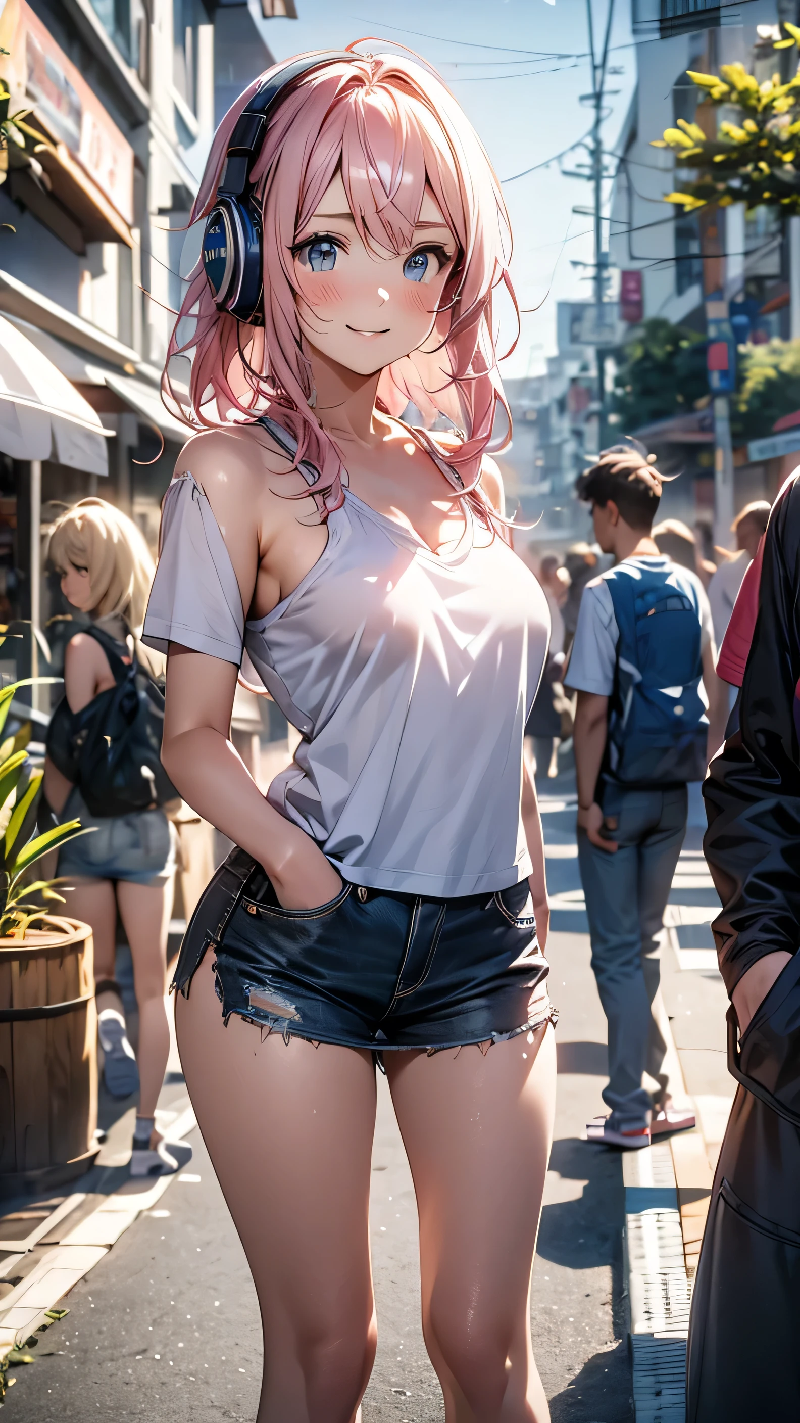 (striped hair, blond hair、pink idiot hair、 wet hair), girl listening to music with white headphones、It's in the following points(smile、watery eyes)、Impressionism,Portrait Photos、backlight, masterpiece, accurate, textured skin, advanced details, high quality, High Resolution, Super Detail, 1080P, detailed face, detailed eyes, Detailed five fingers、 torn t-shirt(punk),Powerful、 striped pant skirt, colorful swimsuit, Paint art、City, clear sky, detailed eyes、 Blizzard 10 、 Highlights, thighs, destiny \(series\), ****, Skirt, thigh-high socks、full body shot、8k