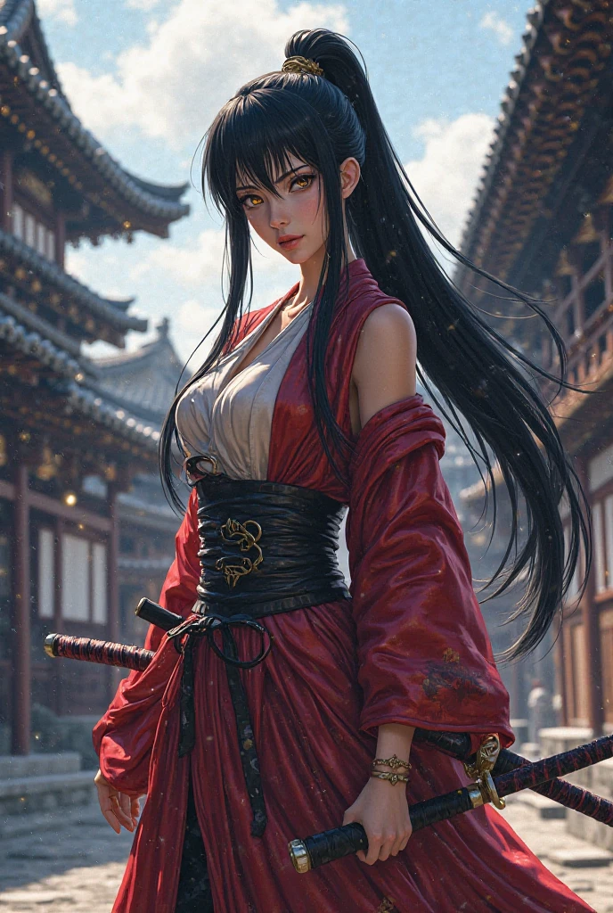 masterpiece, Best Quality, absurderes, Perfect Anatomy, Unity 8k Wallpapers,best anime,dynamic angle、action pose:Slashing、cowboy shot,20 year old beauty、boa hancock,black hair,long hair, ,slender body,large breasts,Turn your body to the viewer、waitress,red kimono、Red pleated mini skirt、1Hold a real sword with both hands、A precise and accurately drawn sword、fight with one sword、outdoor、wilderness、