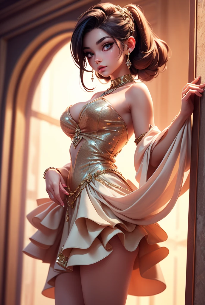 daisy, ((long hair, brown hair, bang, glowing blue eyes, wide eyes, crown, lipstick, makeup, narrow waist, skinny, medium breasts, earrings, alone, dark skin, black skin)), pelvic curtain, ((yellow dress,wedding dress, Scooped up the ass, gloves)), full body, perfect body, (insanely detailed, beautiful detailed face, masterpiece, best quality) , (((solo))), (((1girl))), (((mature))), (extremely detailed 8k paper CG wall unit: 1.1), (wedding, garden, dusk), (smile face for the viewer), big ass, from back, behind