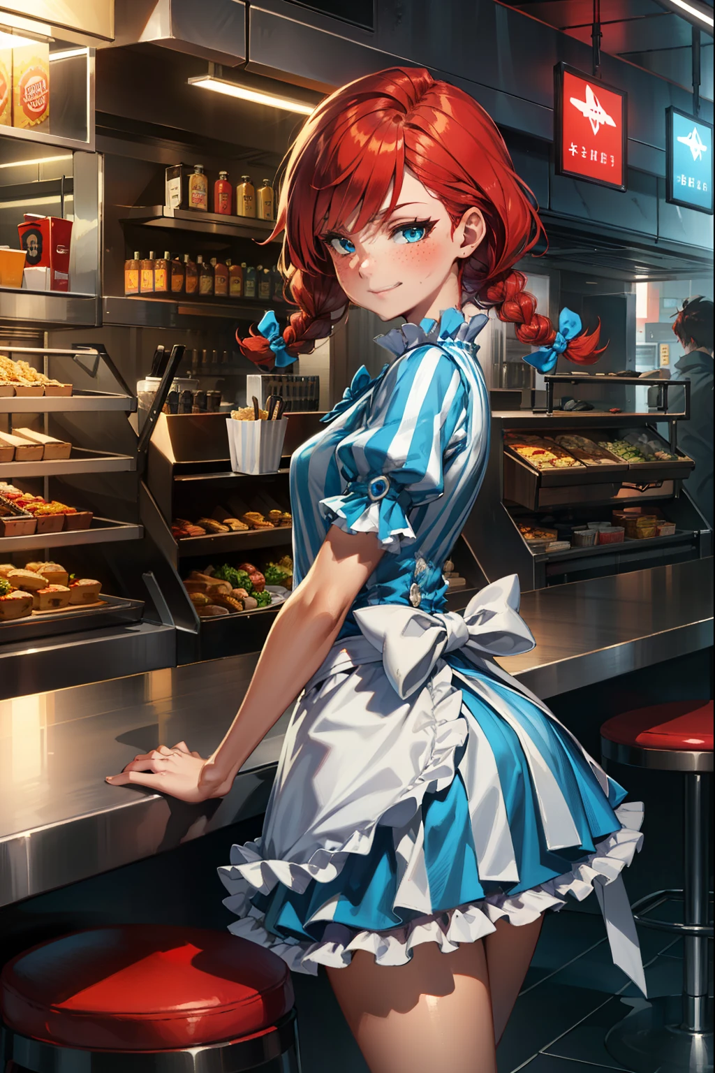 (extremely detailed CG unity 4k wallpaper),(best illustration),(best shadow),(absurdres), Fast food interior background)zzwendy, red hair, blue eyes, apron, brooch, hair bow, sidelocks, striped, petite figure, hips cocked, Small bust size, Sideshot, winking playfully at Viewer, Smug,