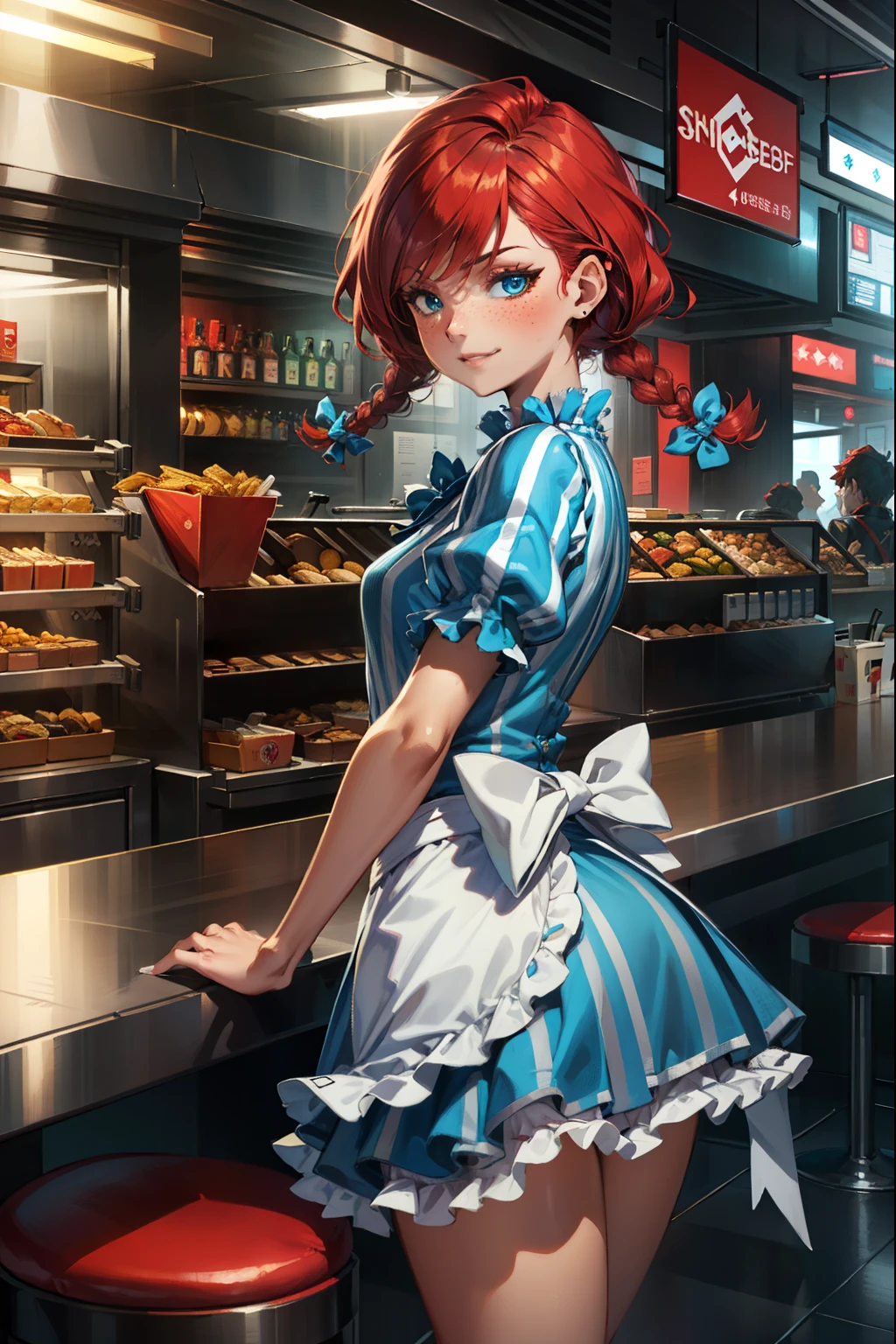 (extremely detailed CG unity 4k wallpaper),(best illustration),(best shadow),(absurdres), Fast food interior background)zzwendy, red hair, blue eyes, apron, brooch, hair bow, sidelocks, striped, petite figure, hips cocked, Small bust size, Sideshot, winking playfully at Viewer, Smug,