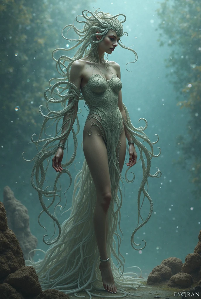 Beautiful ghost girl, in full height, Stands against the background of the forest, moon light, Soft silver ribbons flow around,  Blue hair, aqua eyes, gloweyes, lightning bolts, ball lightning, stereogram,  Mysterious atmosphere, tmasterpiece, Textured skin, super detaill, 8K