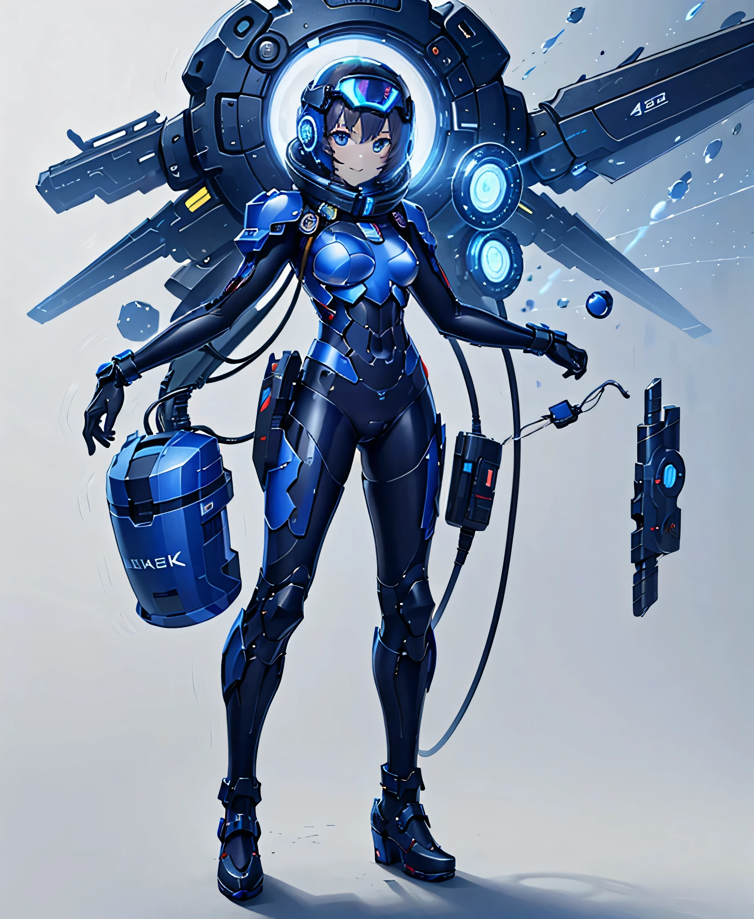 1 beautiful single girl, fluffy, blue hair, glowing wire, VR glasses, mixed with sci-fi and neon tones. Behind it is a robot with neon lights. The background image is a large robot, clearly visible. ,on stage,playing electric drums