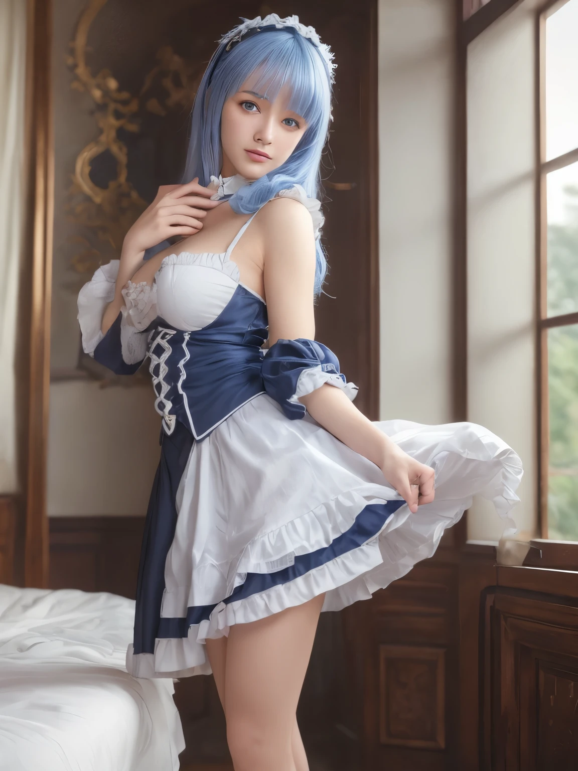 Light blue hair、Blue Eyes、Girl、beret、Lady、Braid、Short、Girl
