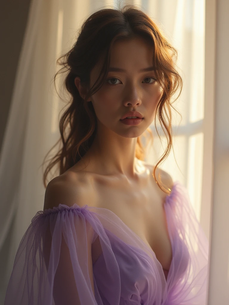 1girl, quite a bit body, ultrarealistic digital photo render art of a beautiful gorgeous young cute Japanese woman, 24yo., looking at viewer, detailed face, Realistic texture human skin, bright glowing face, curved eyebrows, droopy hooded eyes, low nasal bridge, wavy nose, wind tousled bob hair, (((young Marion Cotillard  blended face mixed with young Anne Hathaway))), emerging from the heart of a large glass Lavender. Bright smile. Its petals, shimmering like teardrops in the moonlight, unfurl to reveal her ethereal form. Her long hair flows like shadows, cascading around her like liquid night, illuminated by the soft glow emanating from the glass Lavenders. enduring power of nature, neon light magenta body suit nightgown,