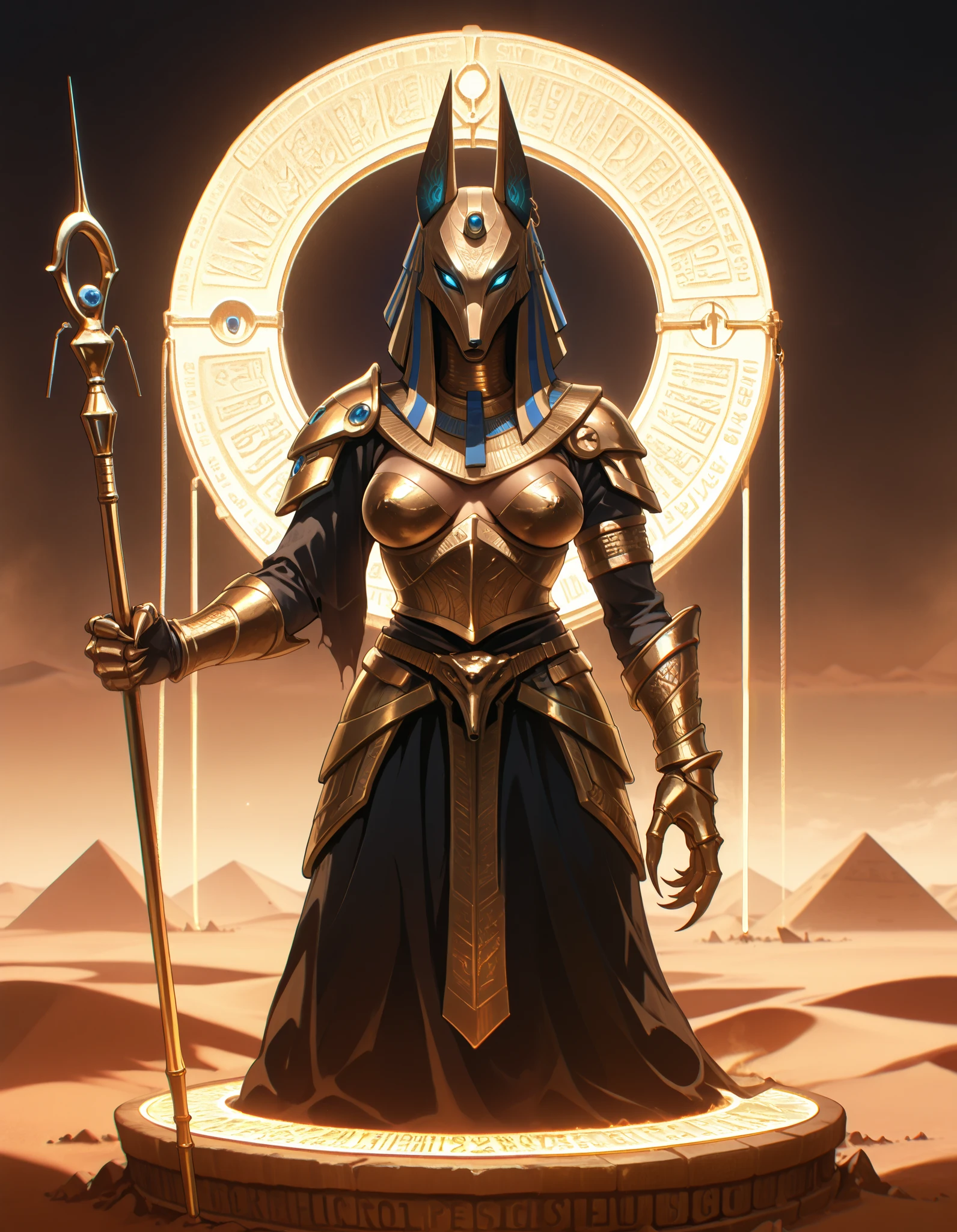 90's Anime, FRESHIDEAS Dark RPG old-school style, Quality_masterpiece, Absurd res, score_9, score_8_up, score_7_up, score_6_up, score_5_up, score_4_up, (Dark Horror masterpiece), Horror masterpiece, Anubis Woman, (Egyptian God Of death), Wizard, Holding Golden Staff, big apart breasts, reduced wear, open armor, golden bands, ((Golden metallic armor)), Wicked, (In the Desert, in front of a Stargate), dark arts, hkhorror, LowKeyLights, top hat, demonic, ropes, ((inanimate)), aburdres, BDSM, (UltraHD8K), belth, LowKeyLights, demonic artystyle, dynamic angle, stargatejackal, claws, gauntlet, staf
