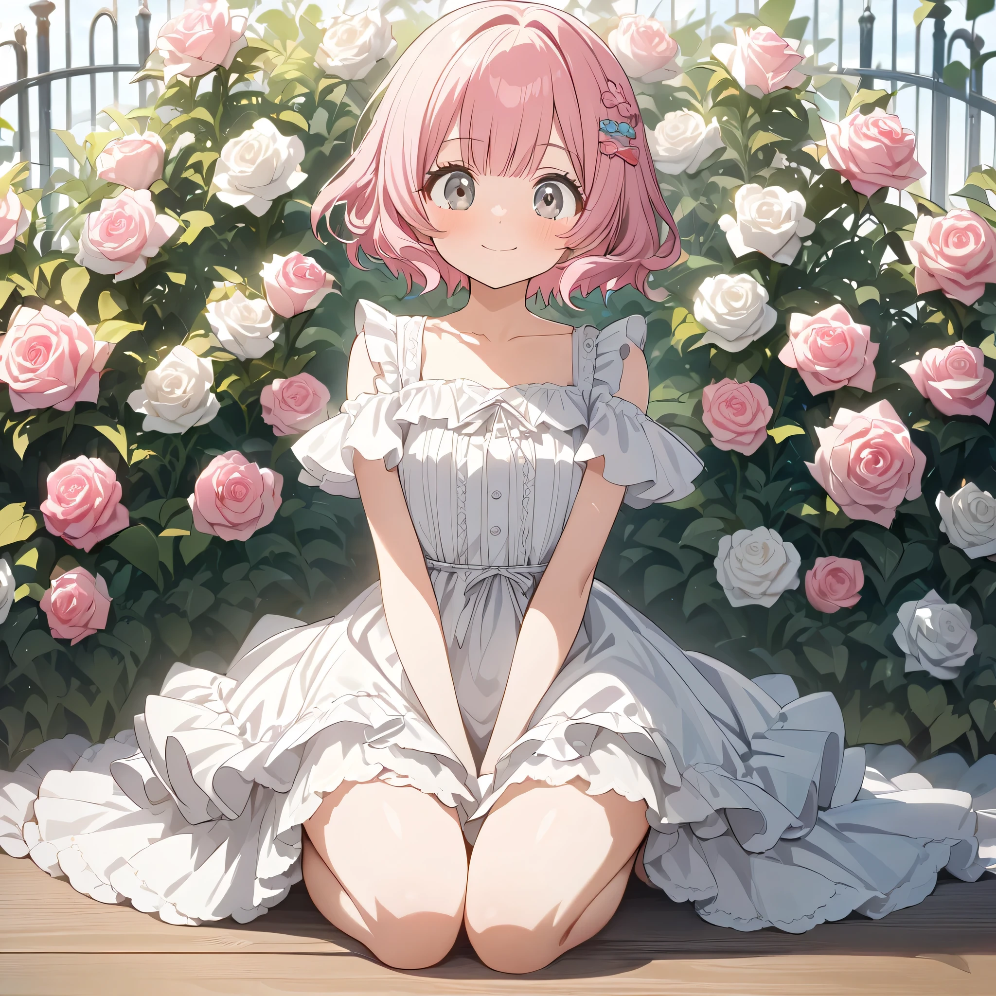 ((face forcus)), seiza、,Source Anime, (Masterpiece), (Best Quality)), (Very Detailed), ((Cute)), (Amazing), (Detailed)), 4K, (8k), Highest Quality , (beautiful), perfect anatomy, ((perfect hands)), (perfect fingers)
ultra-definition depiction,
break
(( 1girl )), 16's years old, short hair, tight bangs、round face, pink hair, ((grey eyes)), A full-bloom smile、smile、cute eyes,natural make up、Fluffy dress、white western style fence background with blooming roses、x barrette