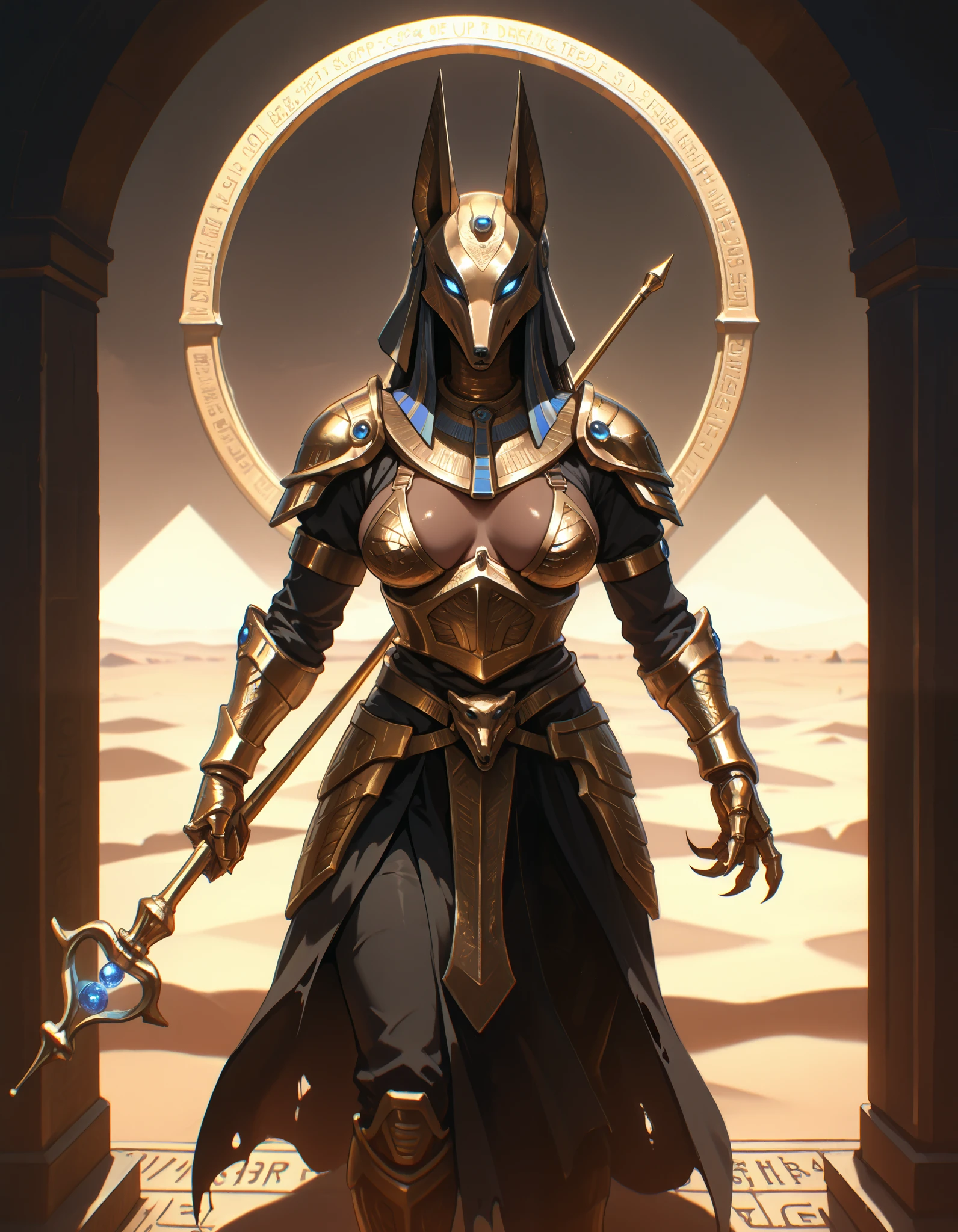 90's Anime, FRESHIDEAS Dark RPG old-school style, Quality_masterpiece, Absurd res, score_9, score_8_up, score_7_up, score_6_up, score_5_up, score_4_up, (Dark Horror masterpiece), Horror masterpiece, Anubis Woman, (Egyptian God Of death), Wizard, Holding Golden Staff, big apart breasts, reduced wear, open armor, golden bands, ((Golden metallic armor)), Wicked, (In the Desert, in front of a Stargate), dark arts, hkhorror, LowKeyLights, top hat, demonic, ropes, ((inanimate)), aburdres, BDSM, (UltraHD8K), belth, LowKeyLights, demonic artystyle, dynamic angle, stargatejackal, claws, gauntlet, staf