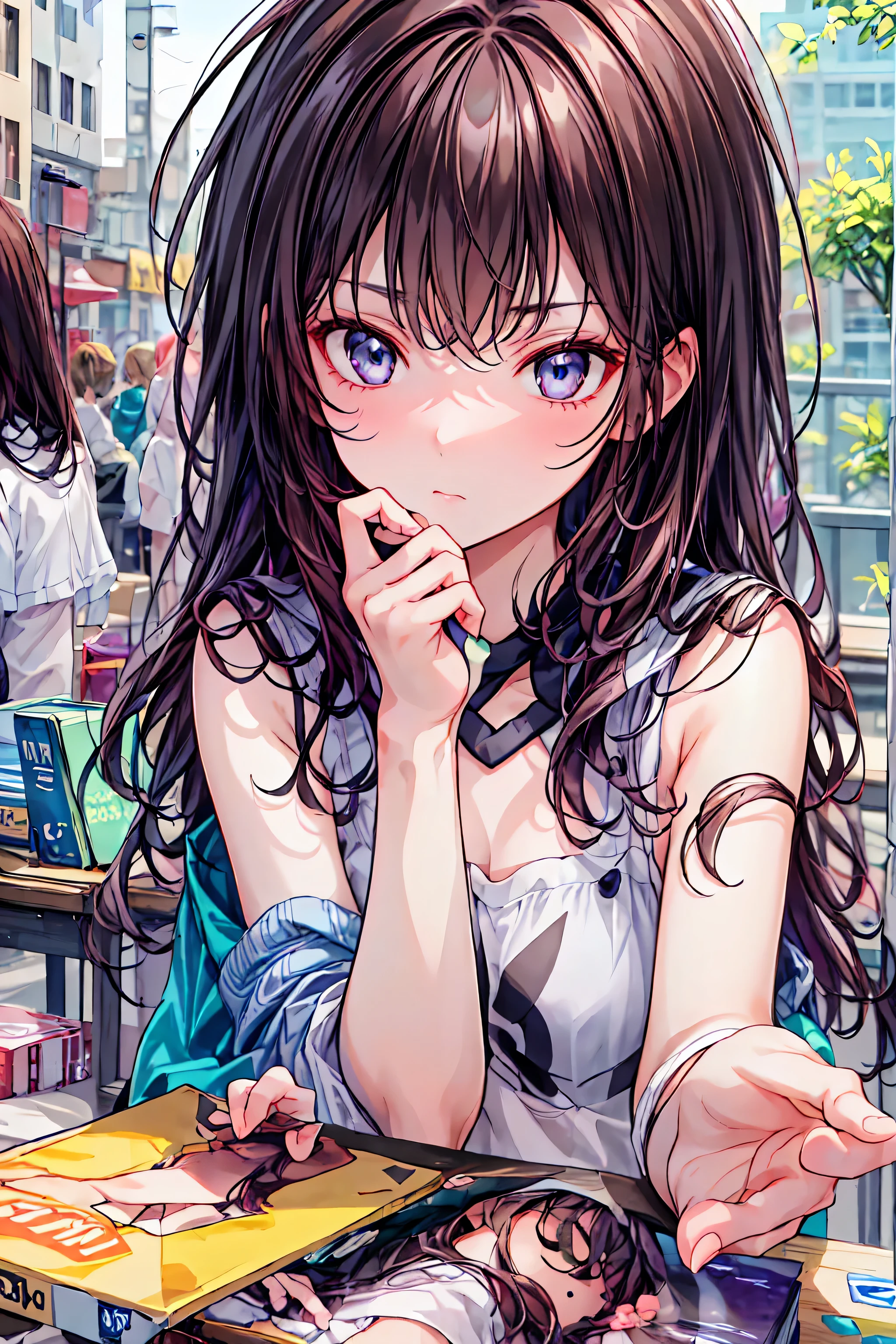 High Quality Finish, thick paint, Girl sleeping with a hangover, Pale face, Pain々expression, tired face, Hold 2 books in your hands, Put 2 books on your feet, Put 5 books on your fingers, black t-shirt, SHORTS, One Girl, on the bed, Shortcut hair, Ungroomed hair, short braided hair, Neat hair, realistic photo, High Precision, UHD, Studio Lighting, Photographic Textures, vivid colors, Bokeh, Natural Skin Tone, subdued hues