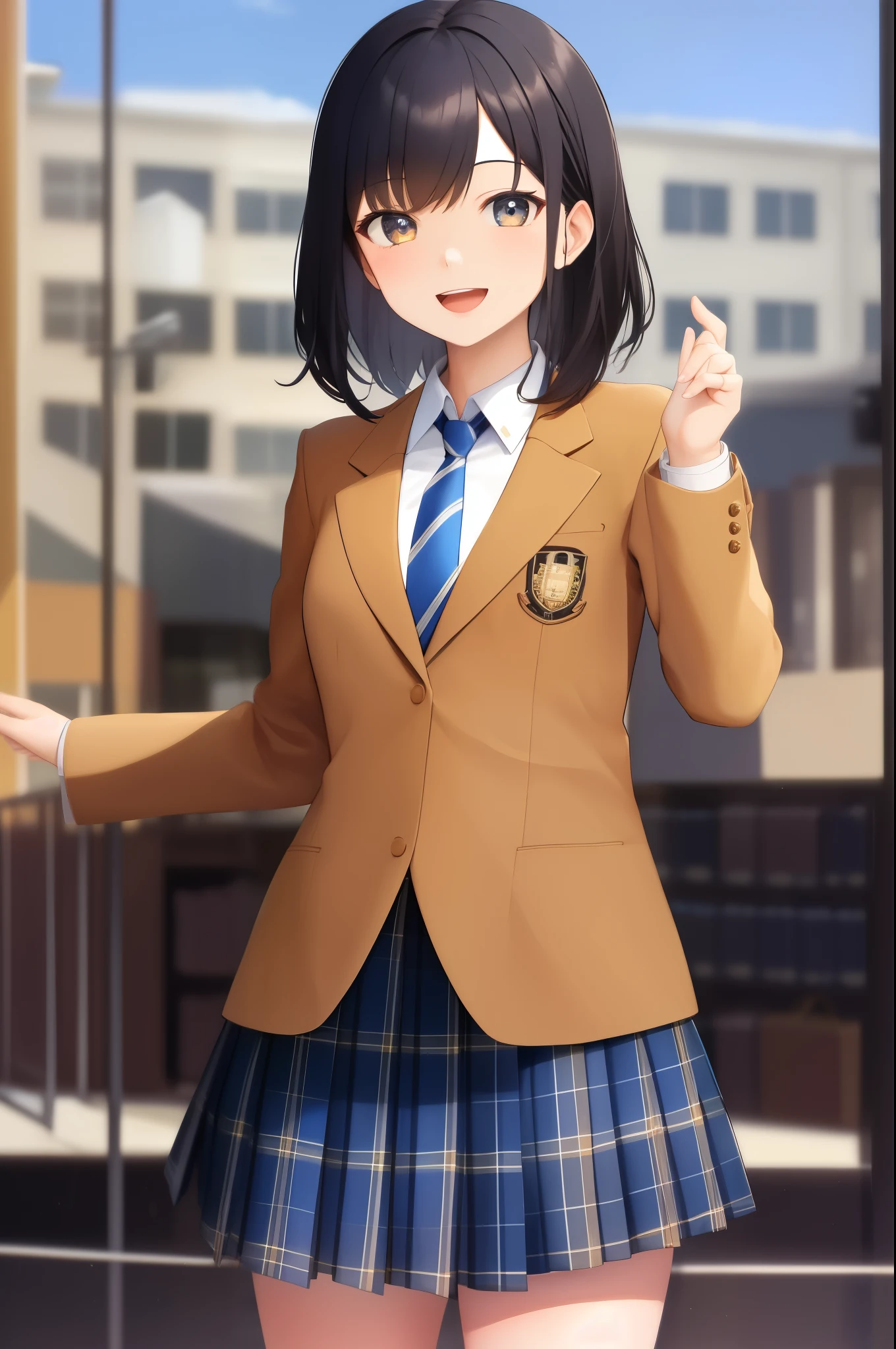 masterpiece, best quality, absurdres, perfect anatomy, 1girl, solo, high school student ,medium hair, school uniform, camel blazer,buttoned blazer, blue striped tie, blue checkered plaid skirt, standing ,posing ,smile , outdoor shop, open mouth,from front, glossy lips