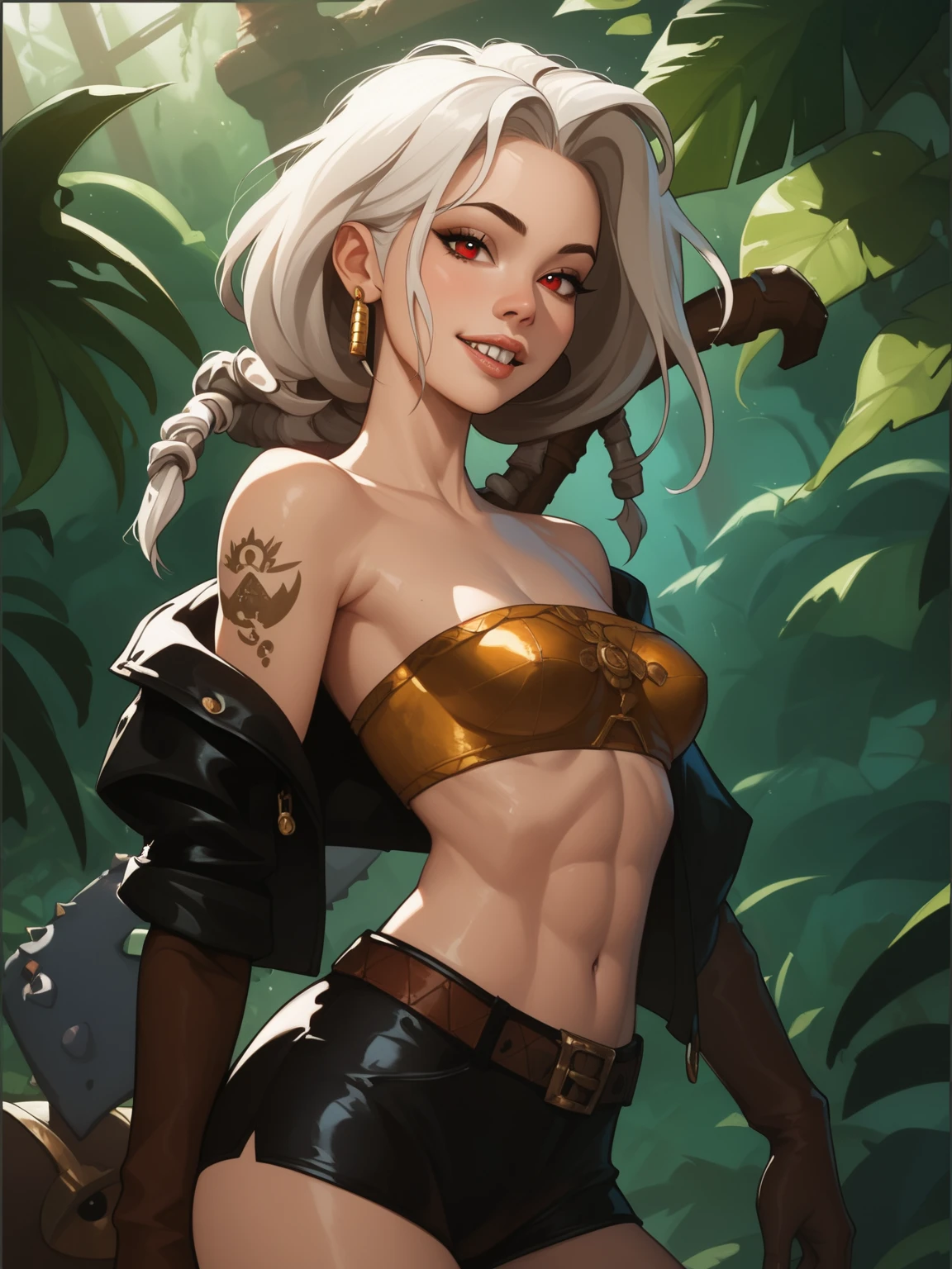 a (((small chested girl))) with ((muscular body)),faint six pack,wide hips,thick thighs,blonde hair,green eyes,medieval background,((light leather armor)),smiling,heavy blush,pigtails, (((longbow)))