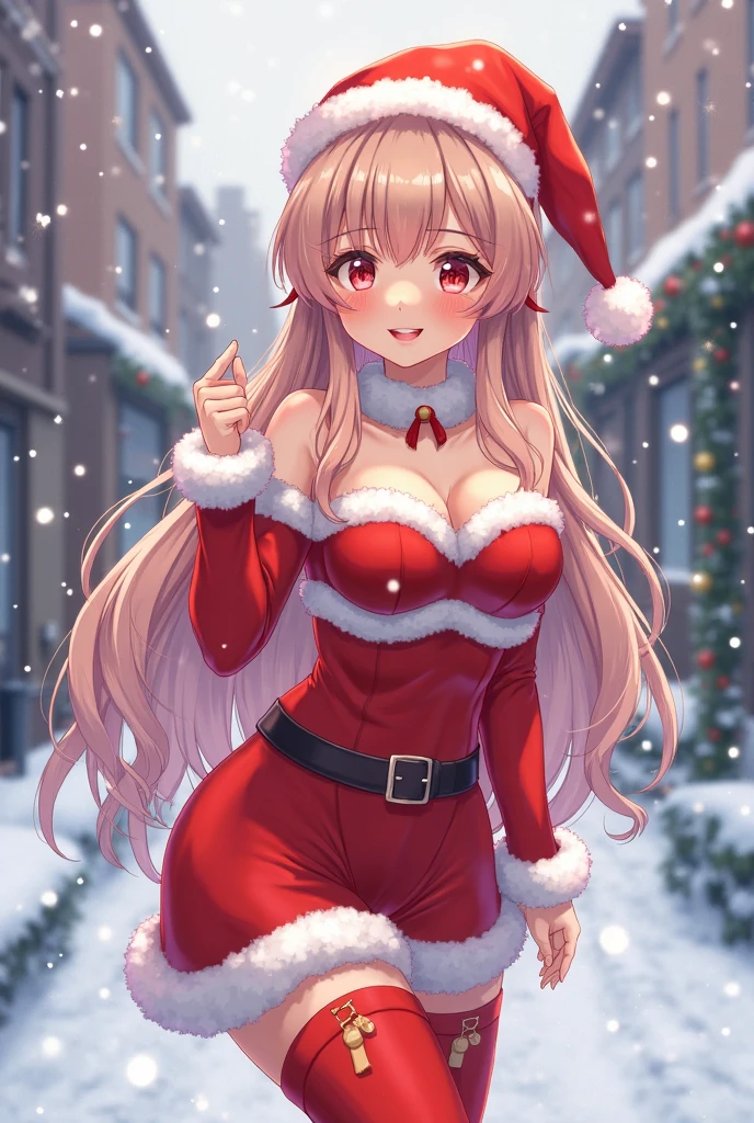 highest quality、((one beautiful woman))、beautiful big breasted woman、straight hair woman、red hair woman、smile、santa claus costume、((woman wearing red santa leotard))、woman wearing santa hat、A woman wearing Santa&#39;s cape、Red knee socks、Christmas illumination、Christmas tree、street trees at night、It&#39;s snowing、It&#39;s snowing、sitting