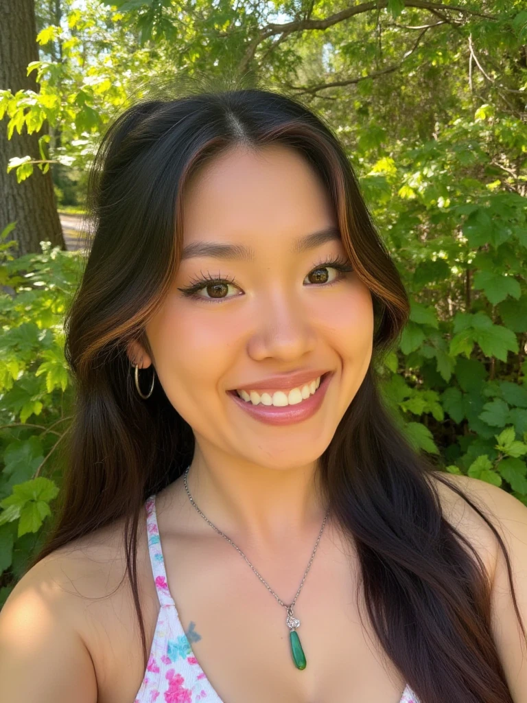 woman with ponytail outdoors, big smile with teeth happy face, instagram photo
