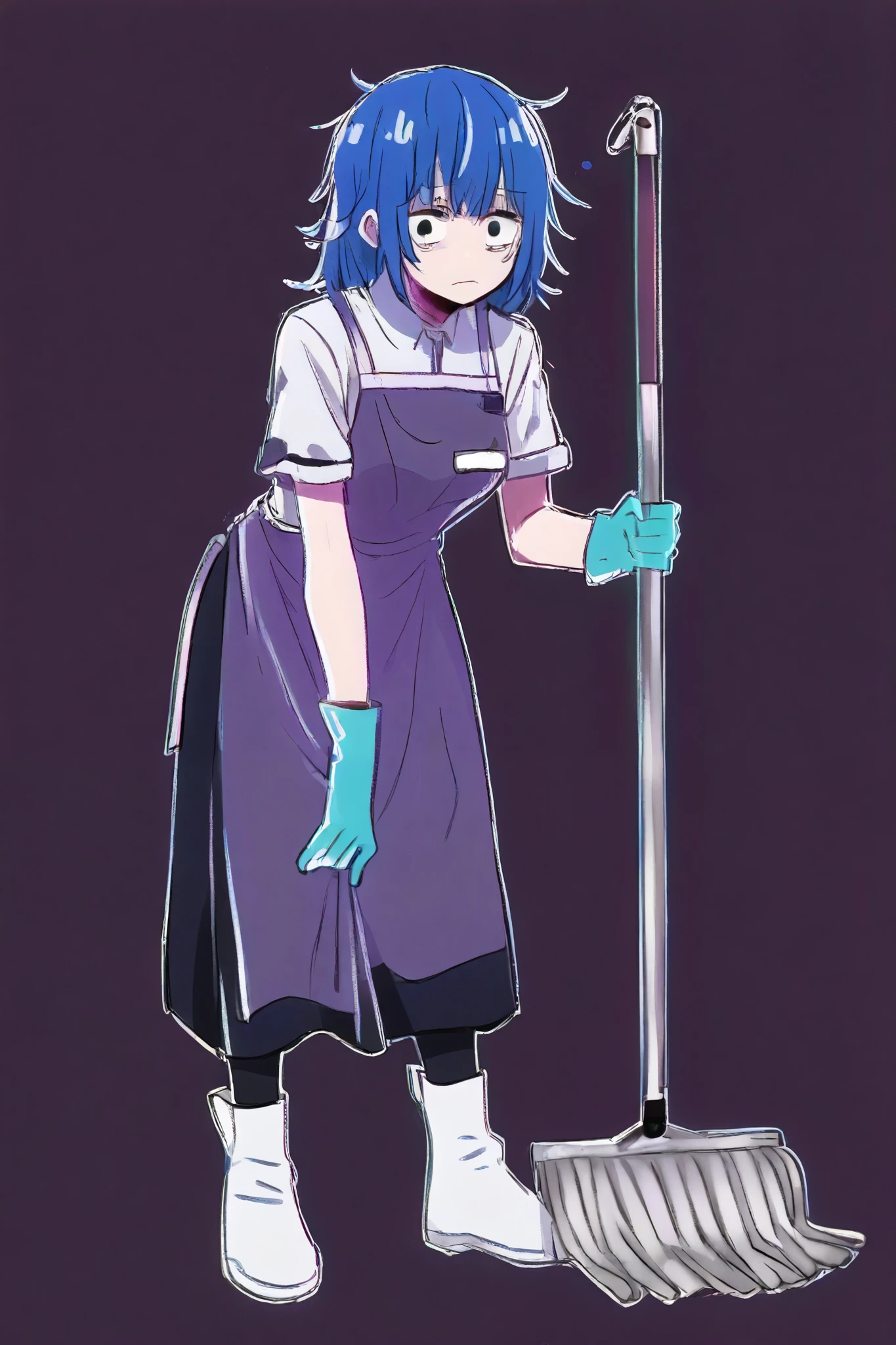 a cleaning lady with an unhappy look stands leaning slightly forward , CCCPuniform , rubber gloves , mop , purple shape color , cleaner inventory , dark simple background , blue hair , long disheveled hair to the floor , hair disheveled in different directions
